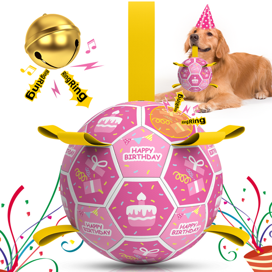 Pink Birthday Dog Soccer Ball with Bell & Straps | Large Dogs – 8 inch