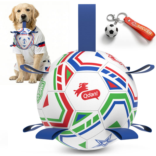 White World Cup Lines Dog Soccer Ball with Straps | Large Dogs – 8 inch