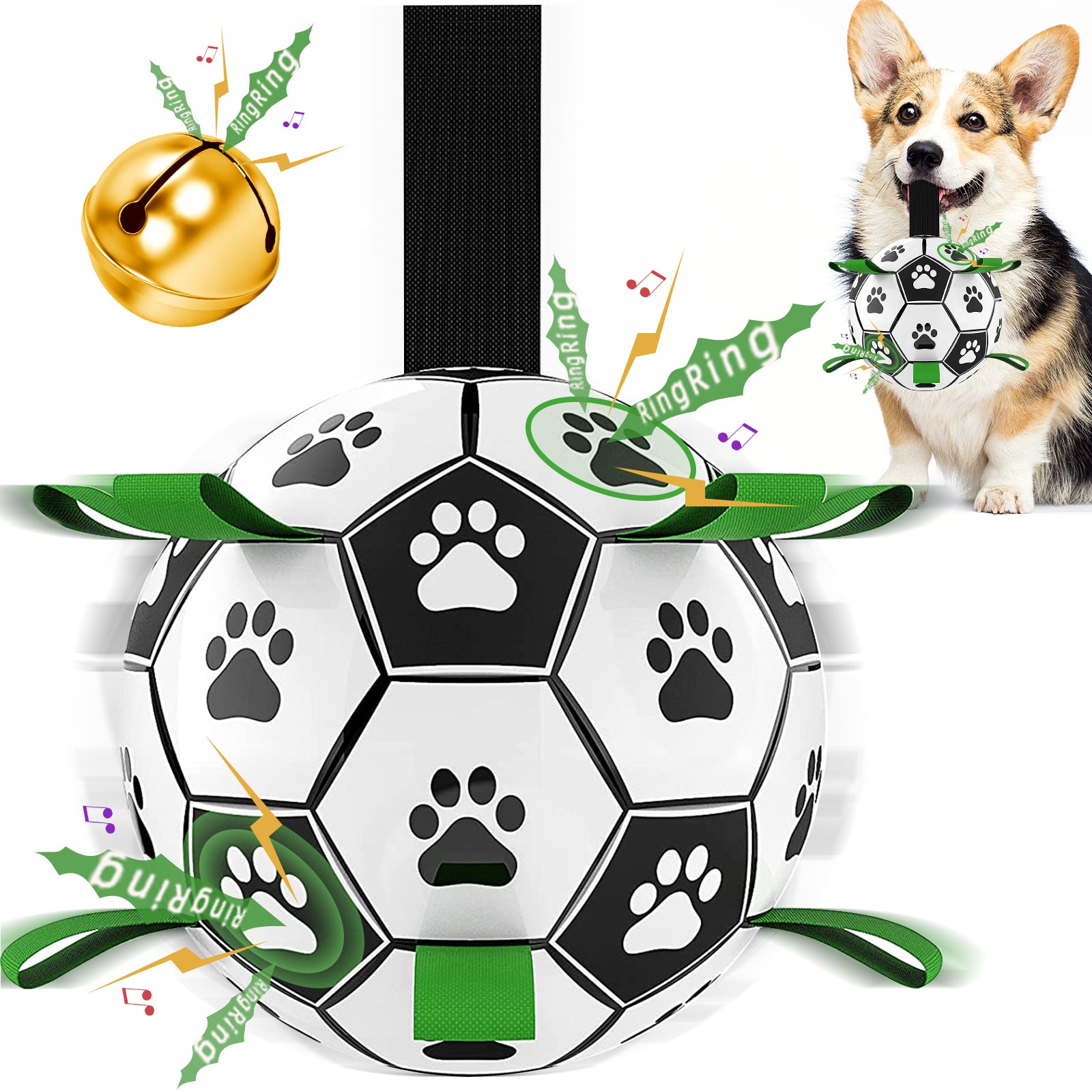 QDAN Dog Soccer Balls Toy with Bell Inside, Outdoor Interactive Dog Toys for Tug of War, Puppy Birthday Gifts, Dog Water Toy, Durable Ropes Squeaky Soccer Dog Ball for Small &Medium＆Dogs （6 INCH）