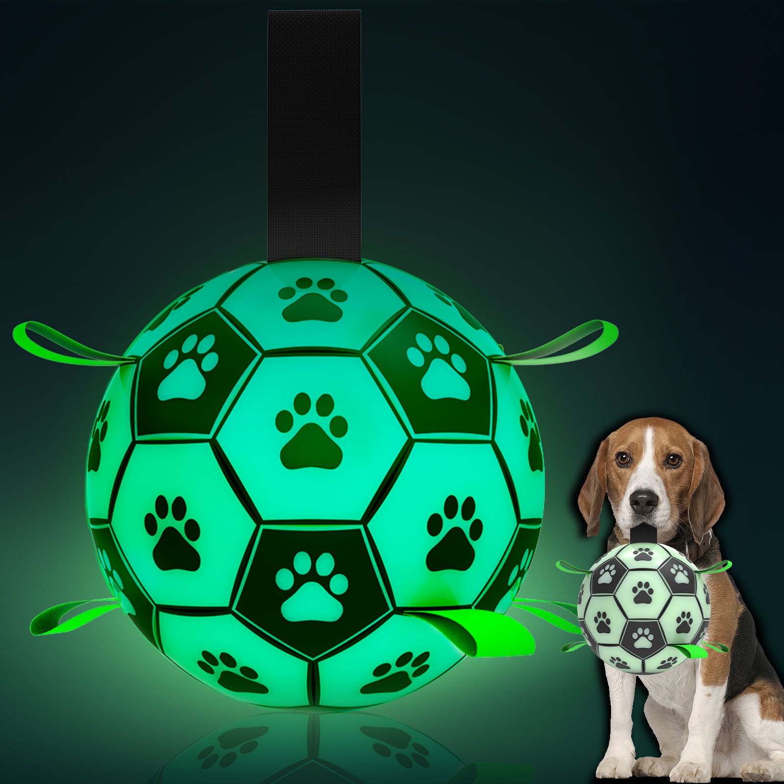 QDAN Glow in The Dark Dog Toys Soccer Ball, Interactive Dog Toys Puppy Birthday Gifts, Dog Tug Water Toy, Indoor/Outdoor Light Up Dog Balls for Small & Medium & Lager Dogs（6inch&8inch）