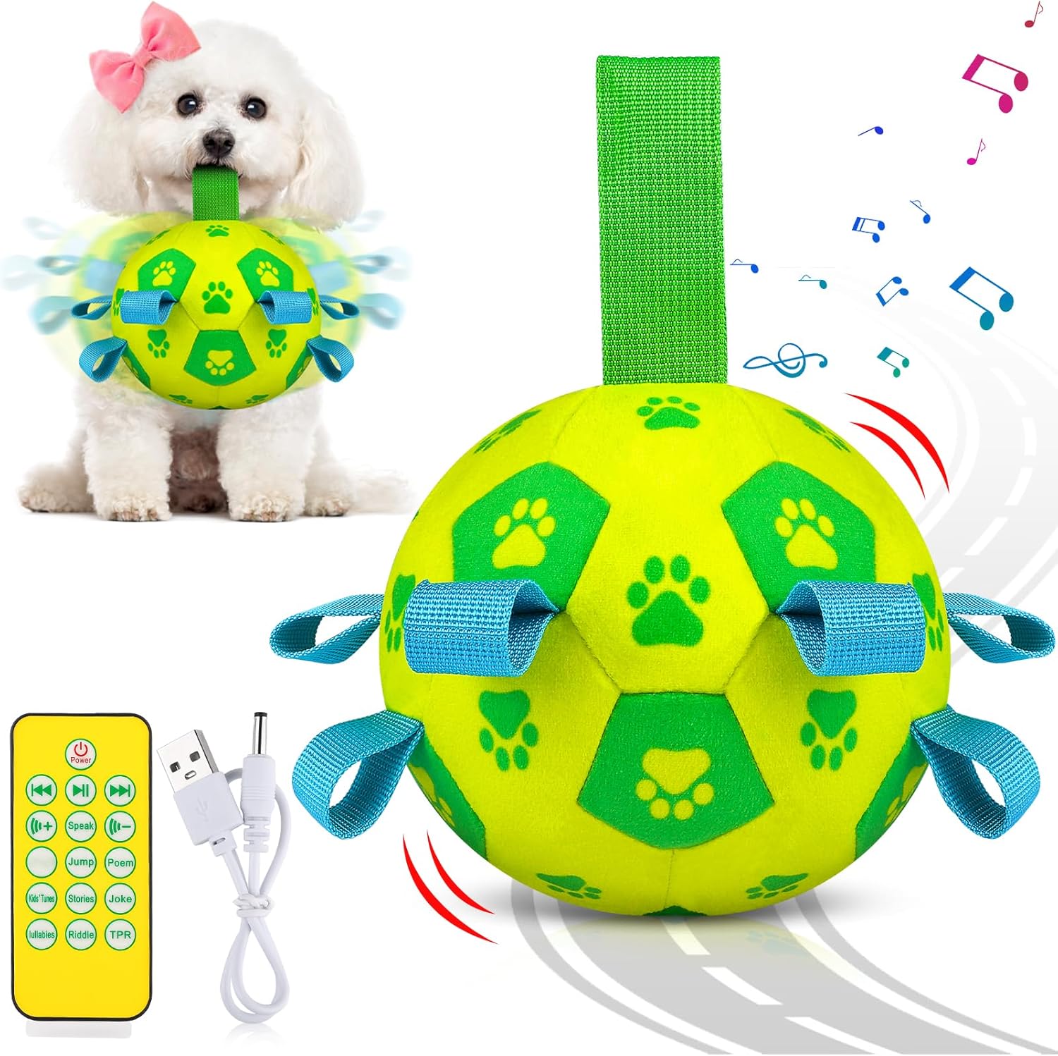 QDAN Interactive Dog Toys Soccer Ball - Bouncing Ball, Jumping Dog Balls with Recording and Music Modes, Birthday Toy, Rechargeable Moving Dog Toy to Keep Them Busy, Yellow Green