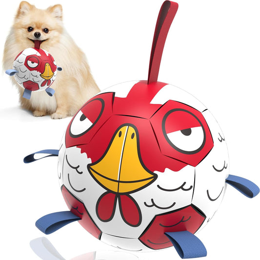 Red Cartoon Chicken Dog Soccer Ball with Straps | Medium Dogs – 6 inch