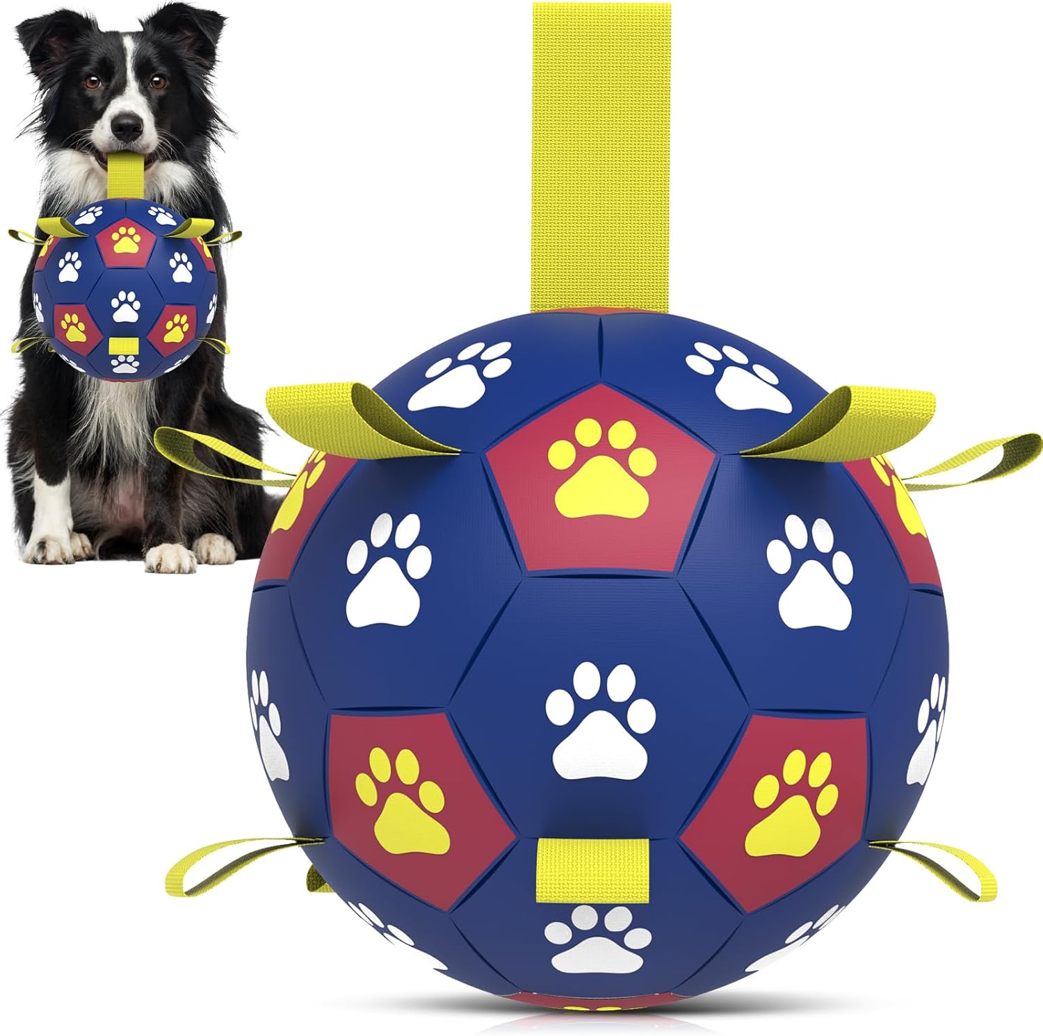 QDAN Dog Toys Soccer Ball with Straps: Durable Balls for Large Dogs, Outdoor Dog Toys, Summer Pet Water Toy, Herding Ball, Puppy Birthday Gifts, Yellow Blue (8 Inch)