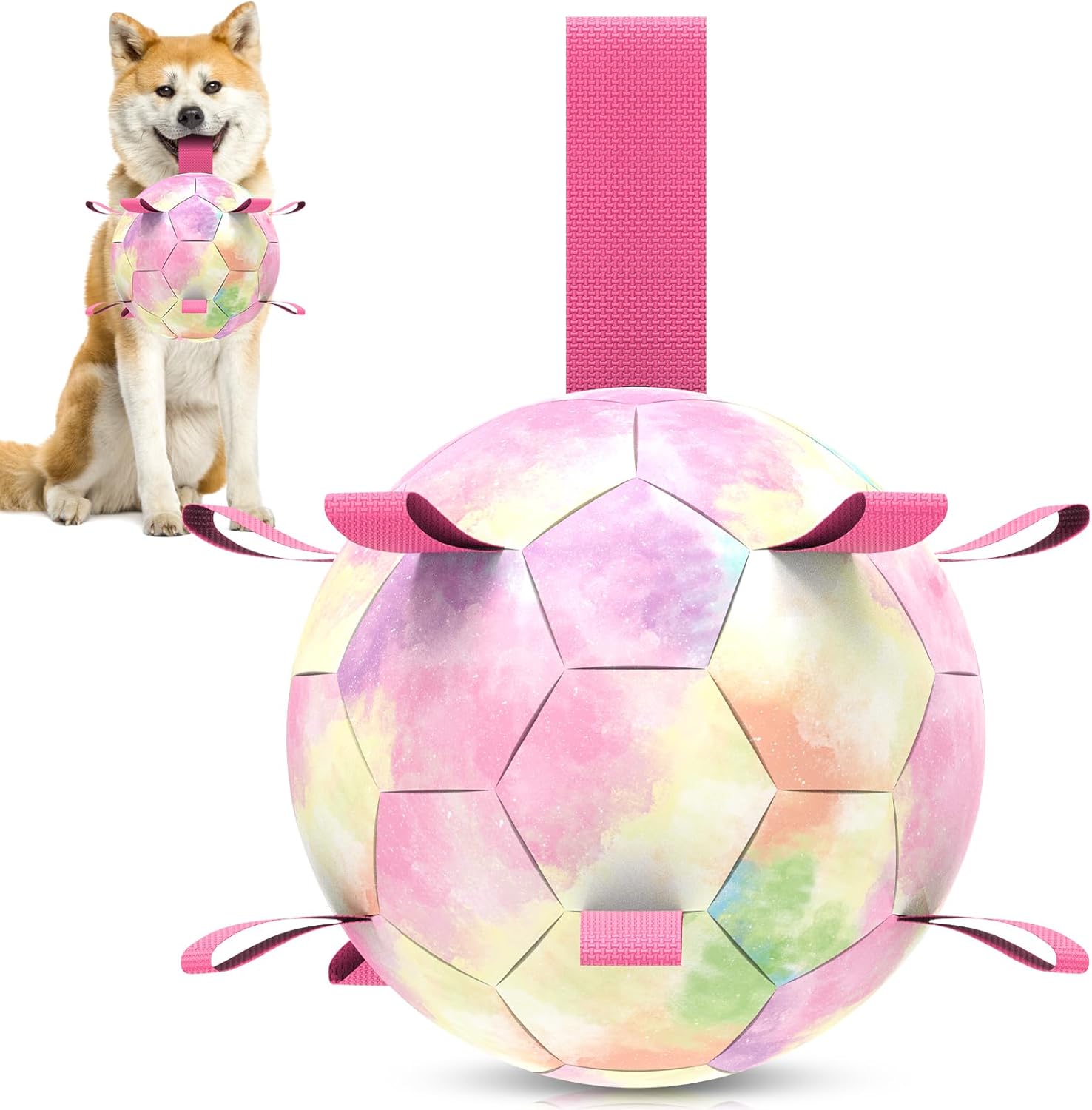 QDAN Dog Toys Soccer Ball with Straps,Gradient Interactive Dogs Toys for Tug of War, Puppy Birthday Gifts,Water Toy Durable Dog Balls World Cup for Small & Medium Dogs-Rainbow（8 Inch）