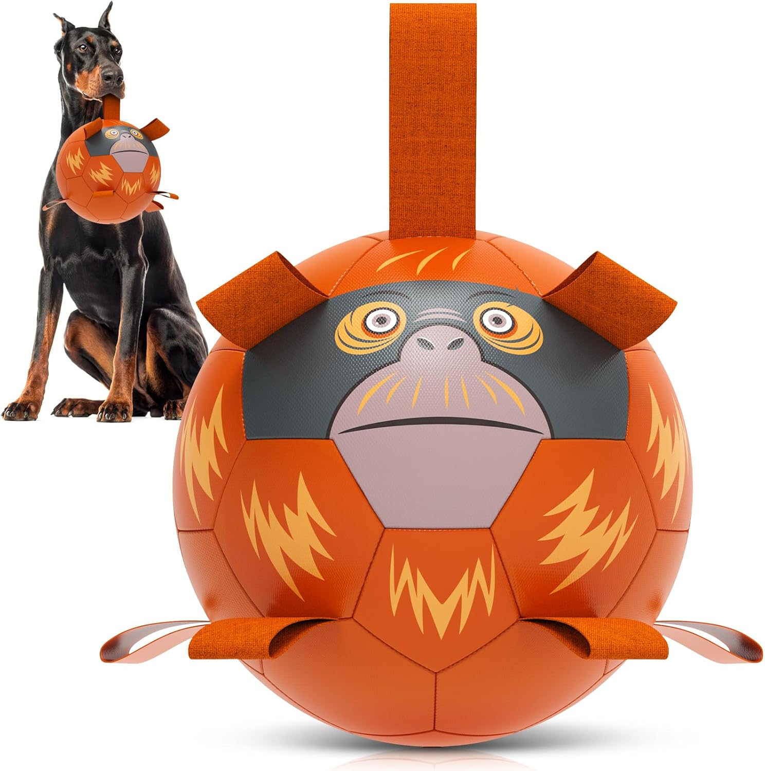 QDAN Dog Toys Soccer Ball with Straps - Durable Dog Balls for Small Medium Dogs, Beach Pool Dog Water Toy, Chimpanzees Dog Toy, Puppy Dog Birthday Gifts, Herding Balls for Dog (8 Inch), Large Size 3