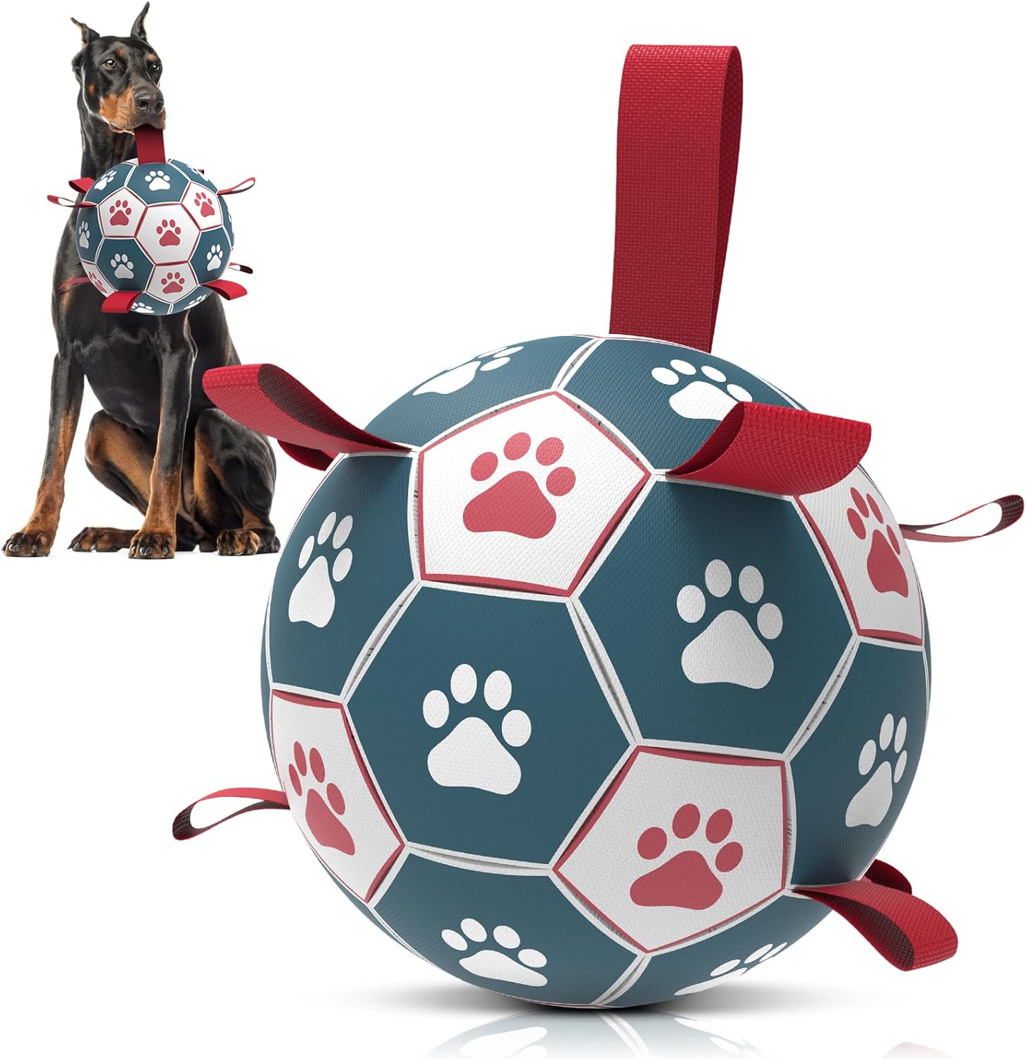 QDAN Dog Toys Soccer Ball with Straps - Durable Giant Dog Balls, Outdoor & Water Toys, Herding Ball, Birthday Gifts (10 Inch)