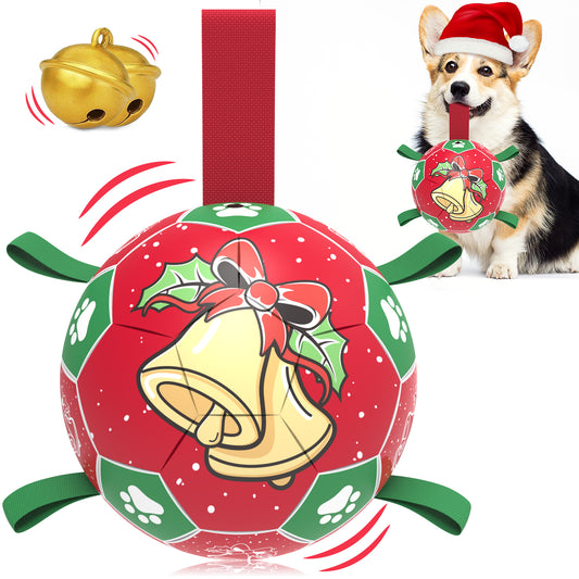 Red Green Christmas Bell Dog Soccer Ball with Straps | Large Dogs – 8 inch