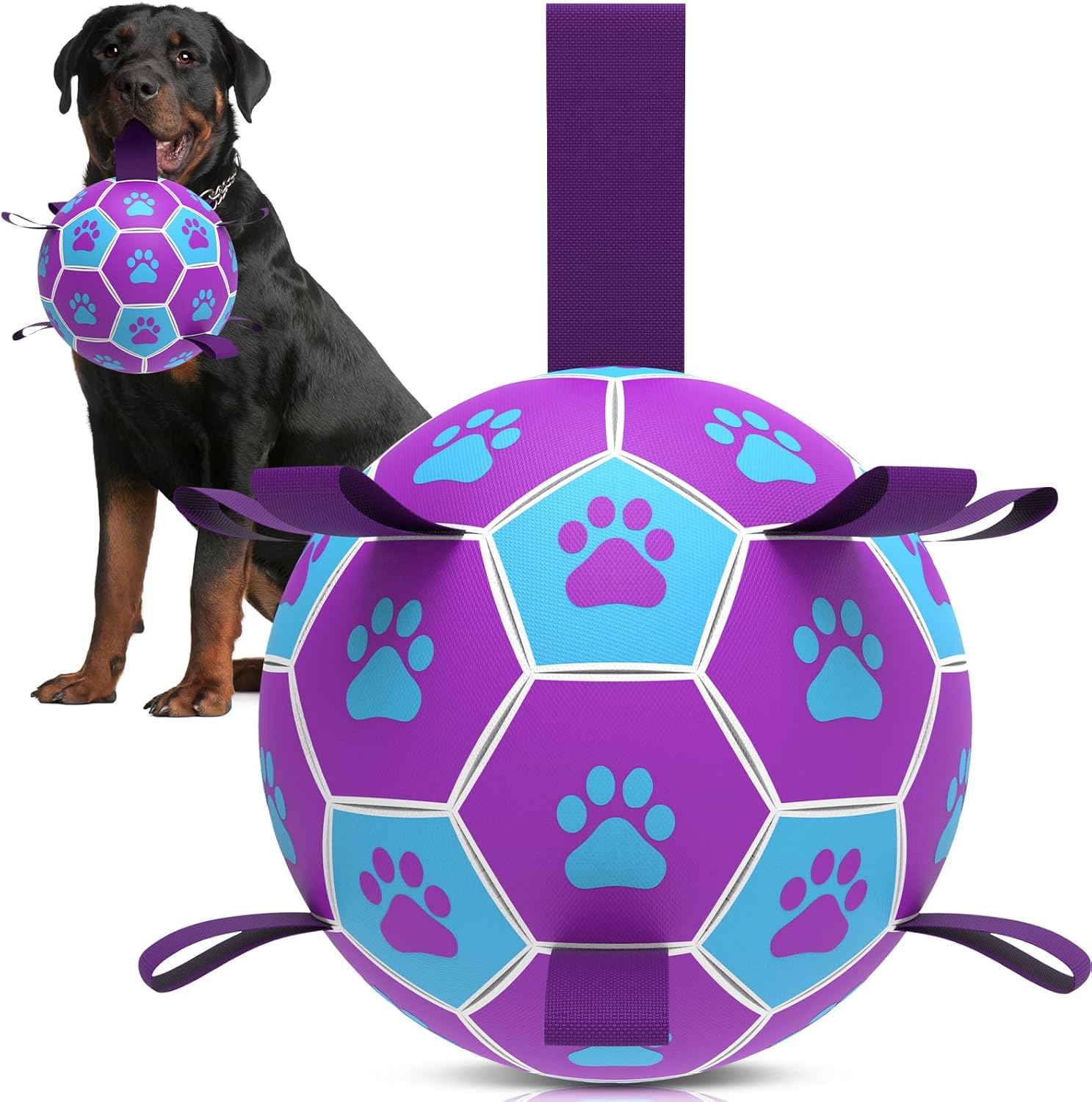 QDAN Dog Toys Soccer Ball - Durable Dog Balls with Strap for Medium Small Dogs, Puppy Birthday Gifts, Dog Tug Toy for Tug of War (8 Inch)