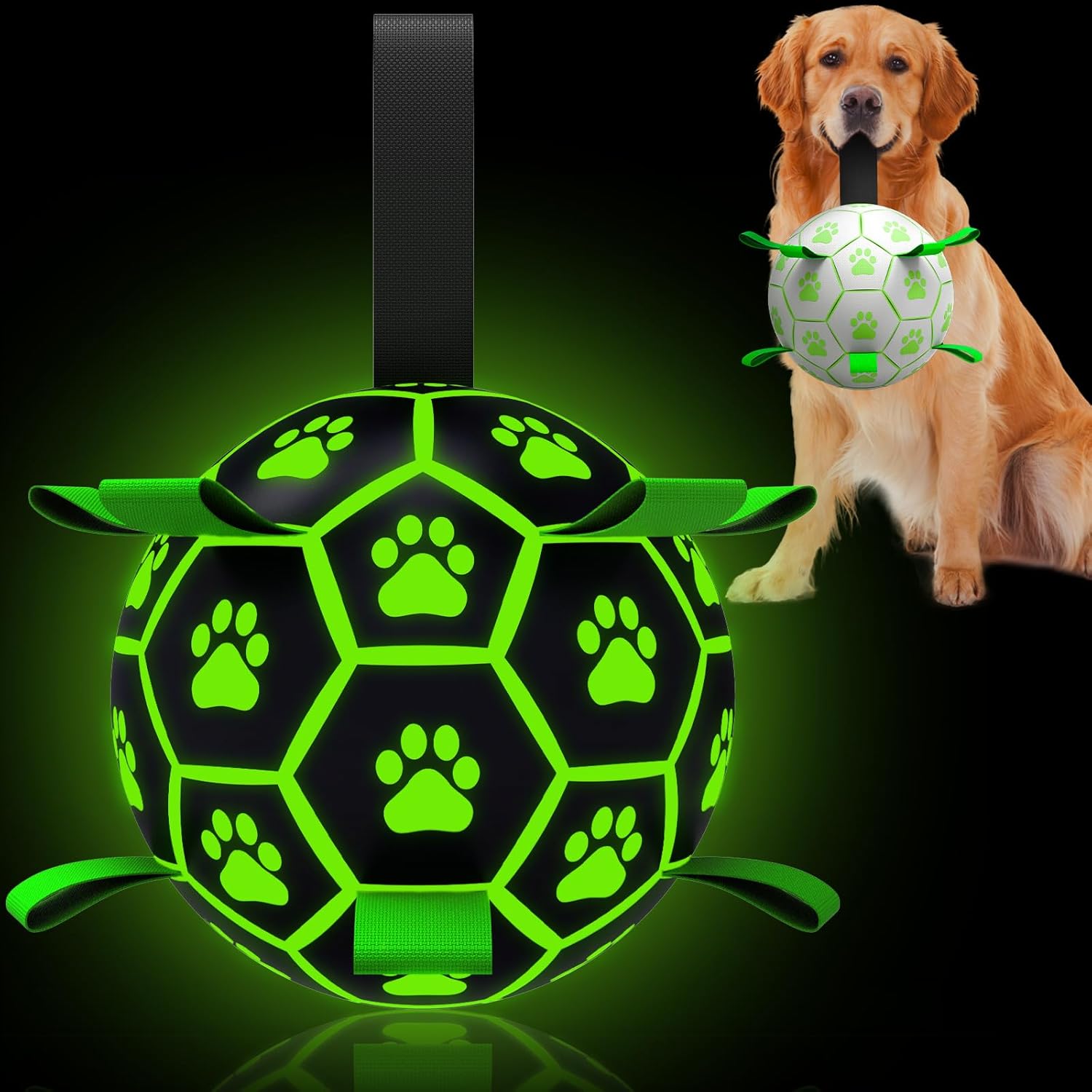 QDAN Premium Glow in The Dark Dog Toys, Dog Soccer Ball with Straps, Outdoor Herding Ball for Dogs, Pet Toys, Puppy Birthday Gifts, Light Up Dogs Balls for Medium Large (8 Inch)