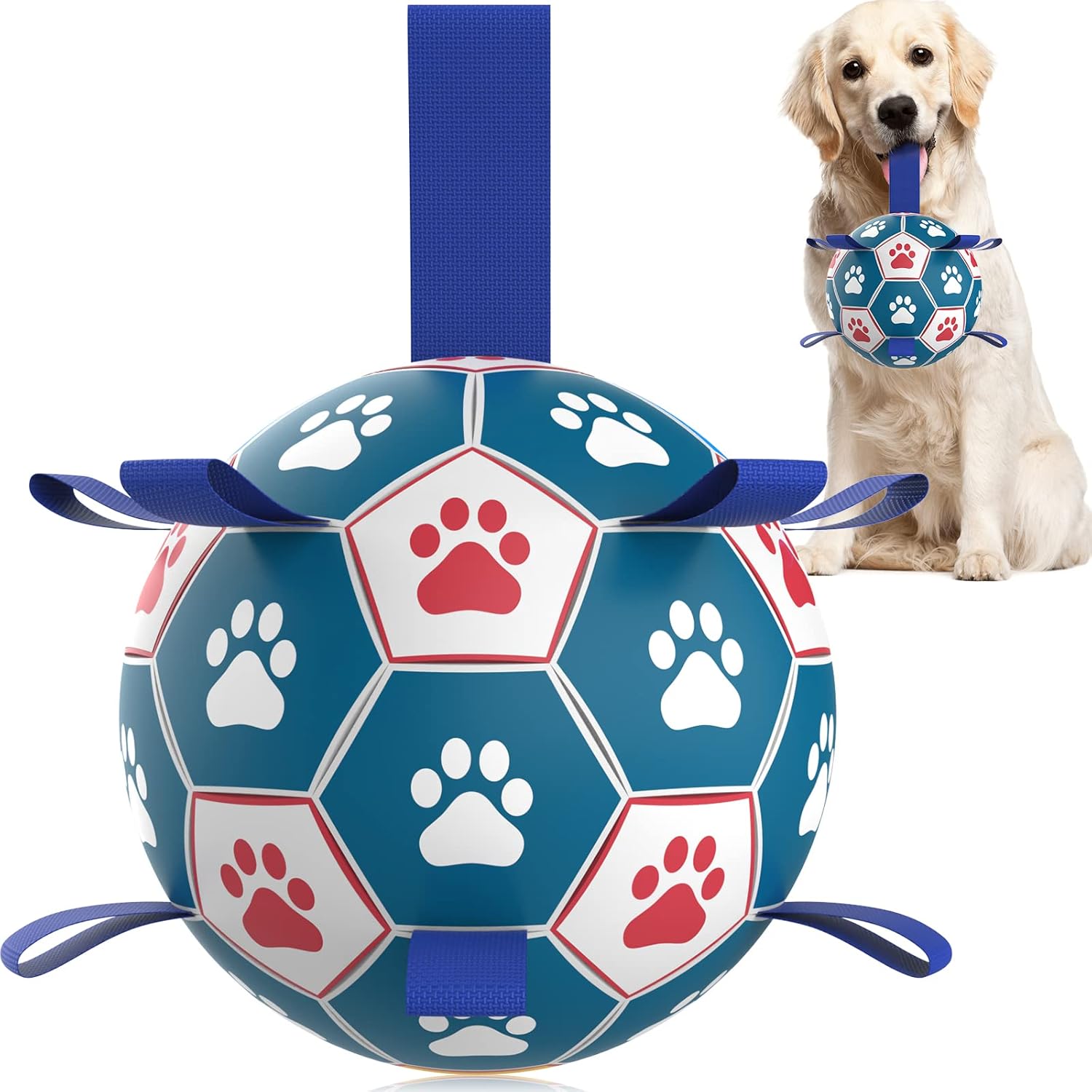 QDAN Dog Toys Soccer Ball with Straps, Herding Balls for Dogs, Interactive Toy for Tug of War, Durable Dog Balls for Medium Large Dogs (8 Inch)