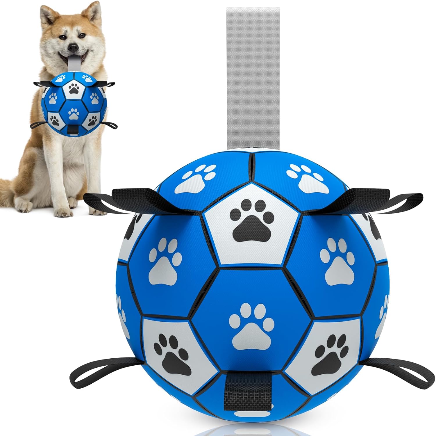 QDAN Dog Ropes Toys, Soccer Ball with Straps, Puppy Birthday Gifts, Dog Water Toy, Durable Balls for Small Medium Dogs-Blue Grey（6 Inch）