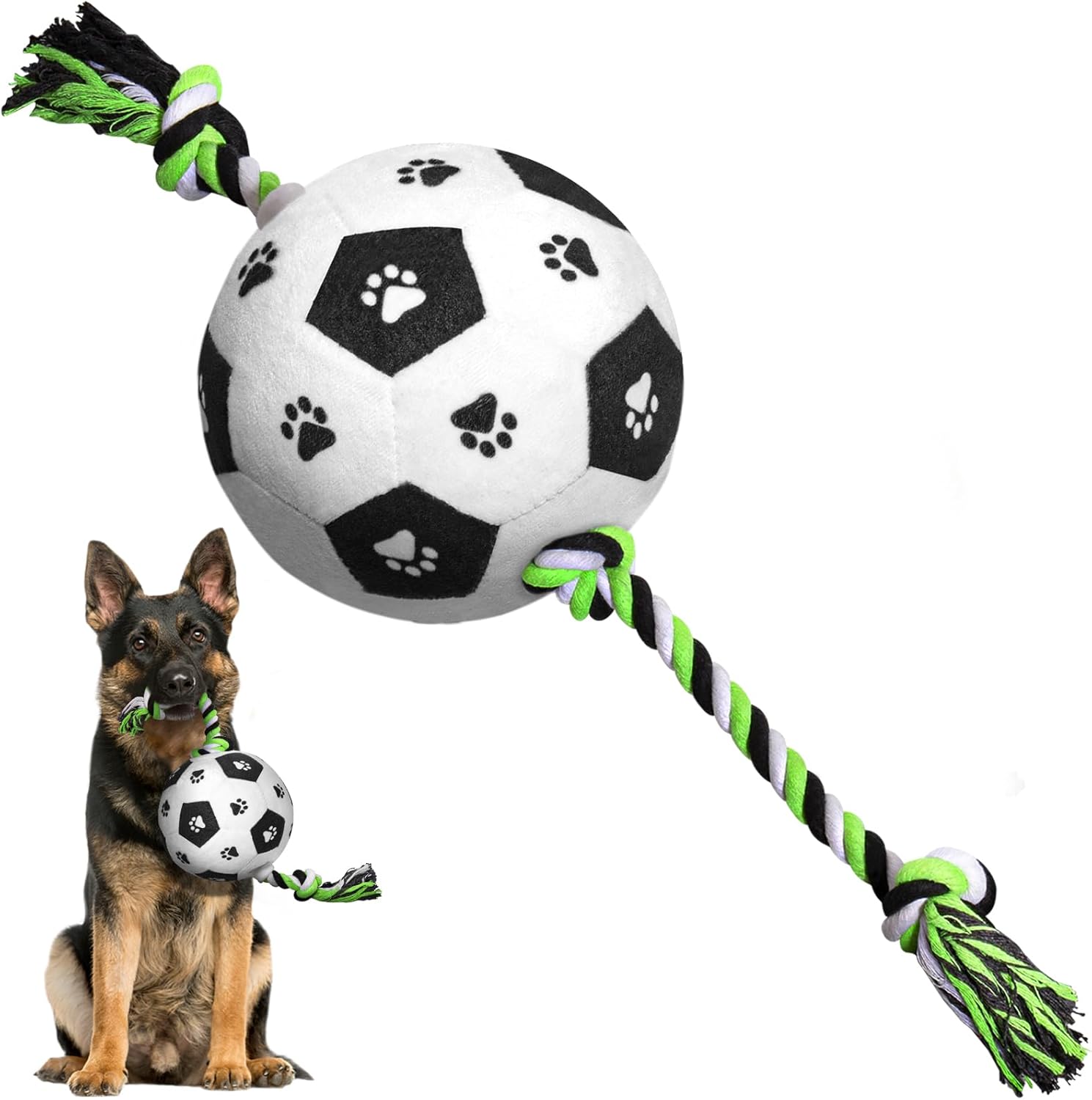 QDAN Dog Soccer Ball, Outdoor Dog Toys, Soccer Ball for Dogs on Rope Plush Birthday Toys for Small to Medium (Black)