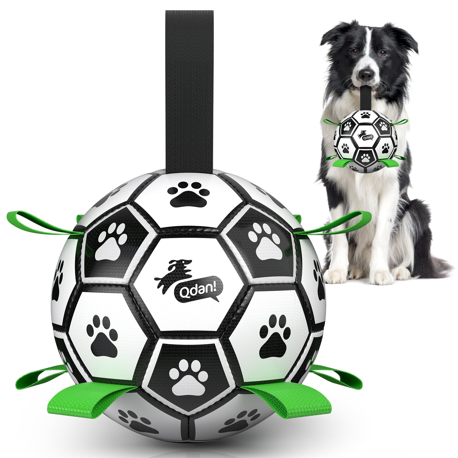 Dog playing with a Qdan soccer ball toy featuring paw prints