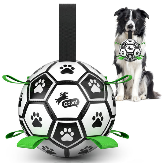 Dog playing with a Qdan soccer ball toy featuring paw prints