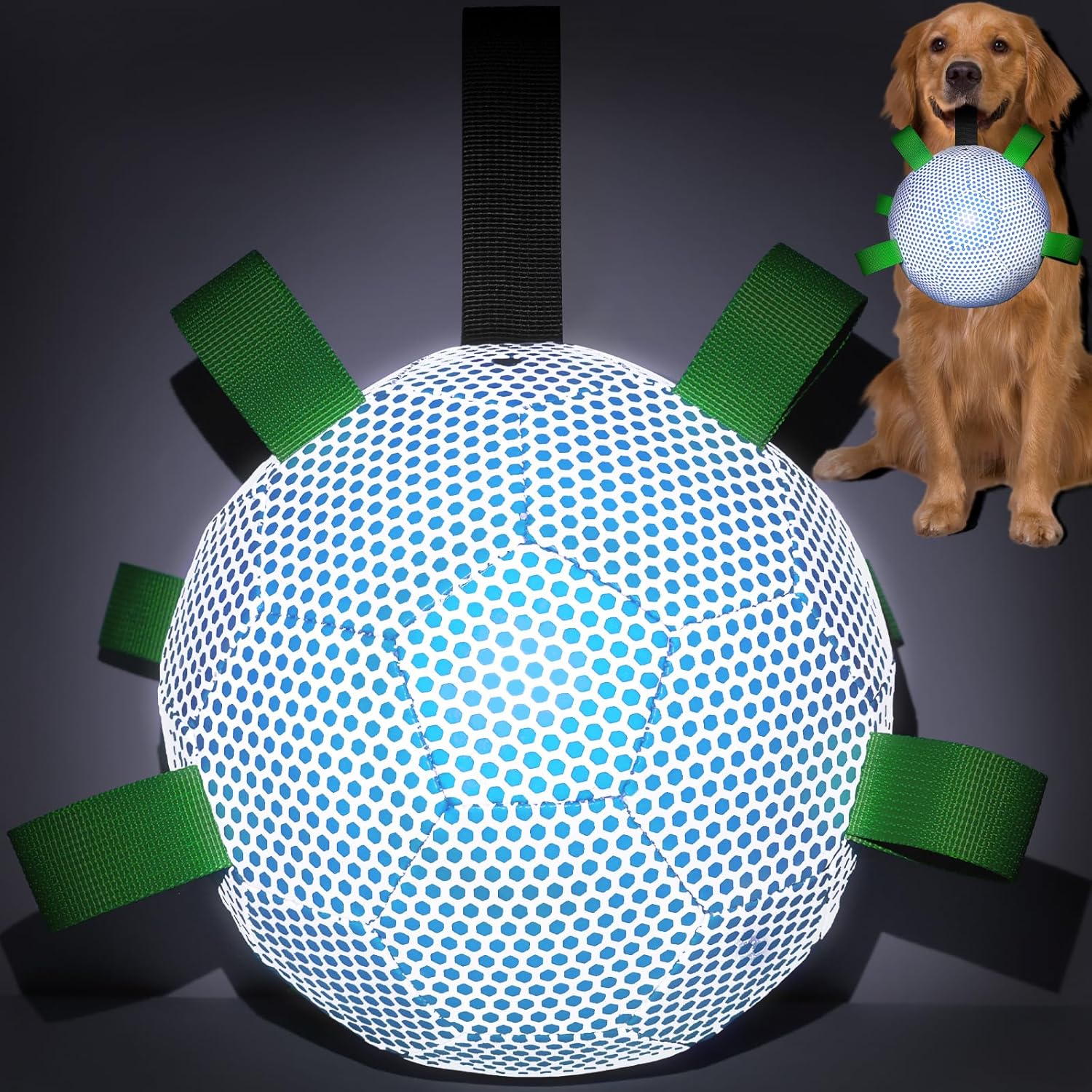 QDAN Reflective Soccer Ball with Straps: Interactive Tug of War Toys for Large Dogs, Night Dog Balls, Water Toy, Puppy Birthday Gifts (8 Inch)