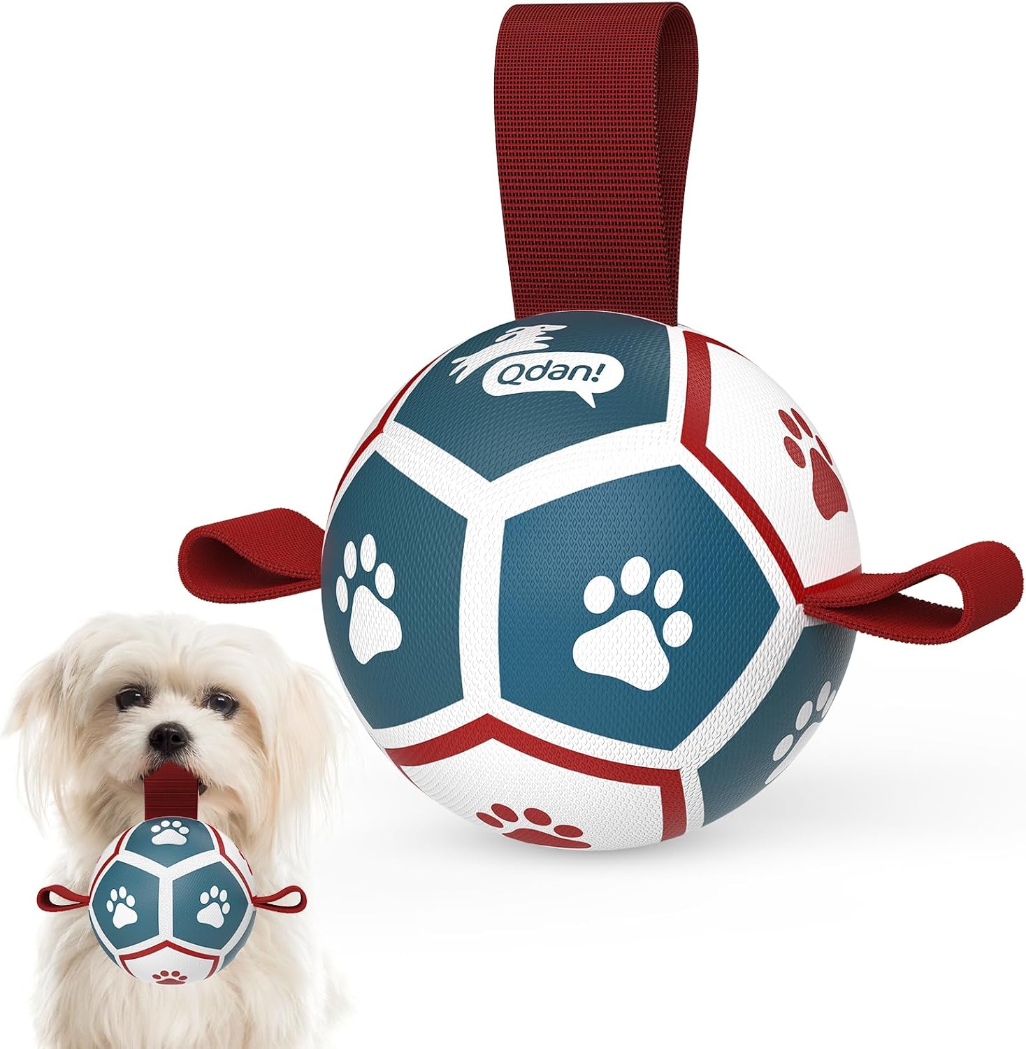 QDAN Small Dog Toys, Puppy Balls, Dog Balls with Straps for Small Breed, Soccer Ball for Dogs, Puppy Toys, Dog Birthday Gift (Blue Red, 3.5 inch)