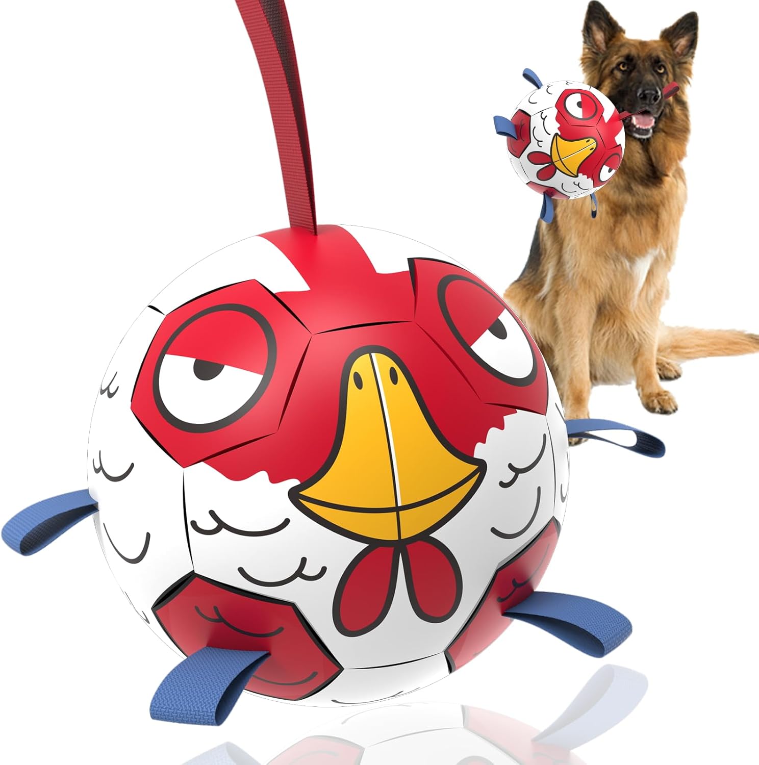 Qdan Chicken Dog Soccer Balls with Straps, Durable Dog Toys for Tug of War, Birthday Gift, Water Toy (8 Inch)