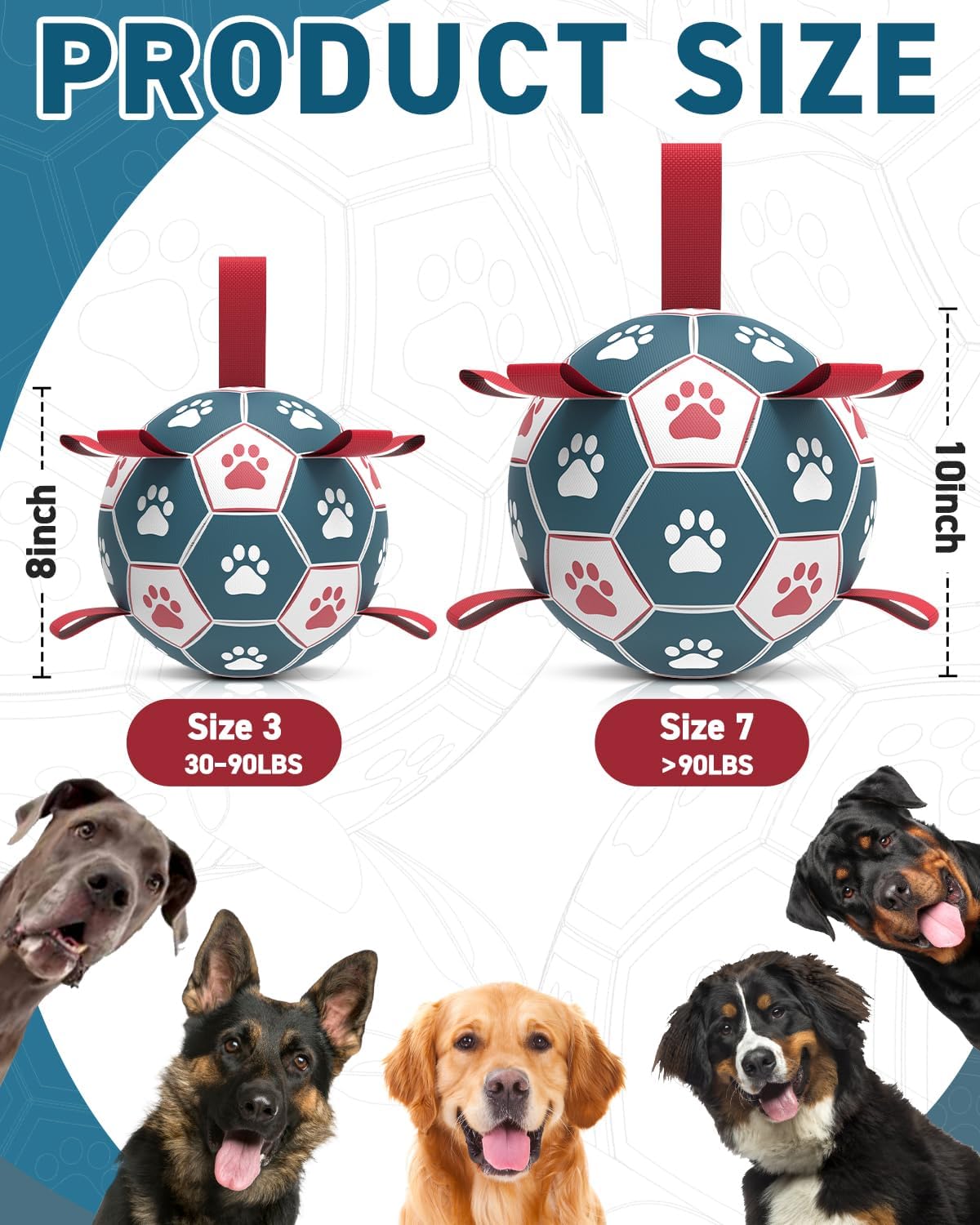 QDAN Dog Toys Soccer Ball with Straps - Durable Giant Dog Balls, Outdoor & Water Toys, Herding Ball, Birthday Gifts (10 Inch)