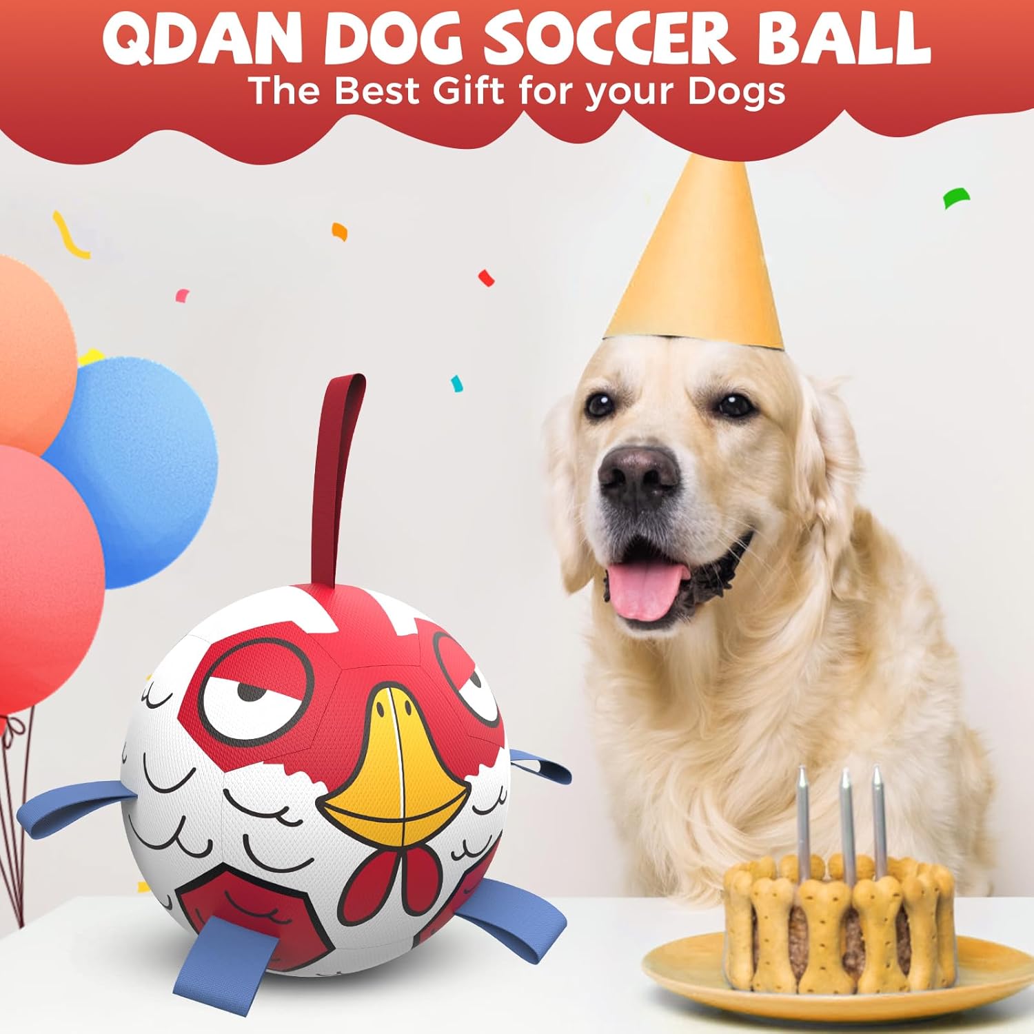 Qdan Chicken Dog Soccer Balls with Straps, Durable Dog Toys for Tug of War, Birthday Gift, Water Toy (8 Inch)