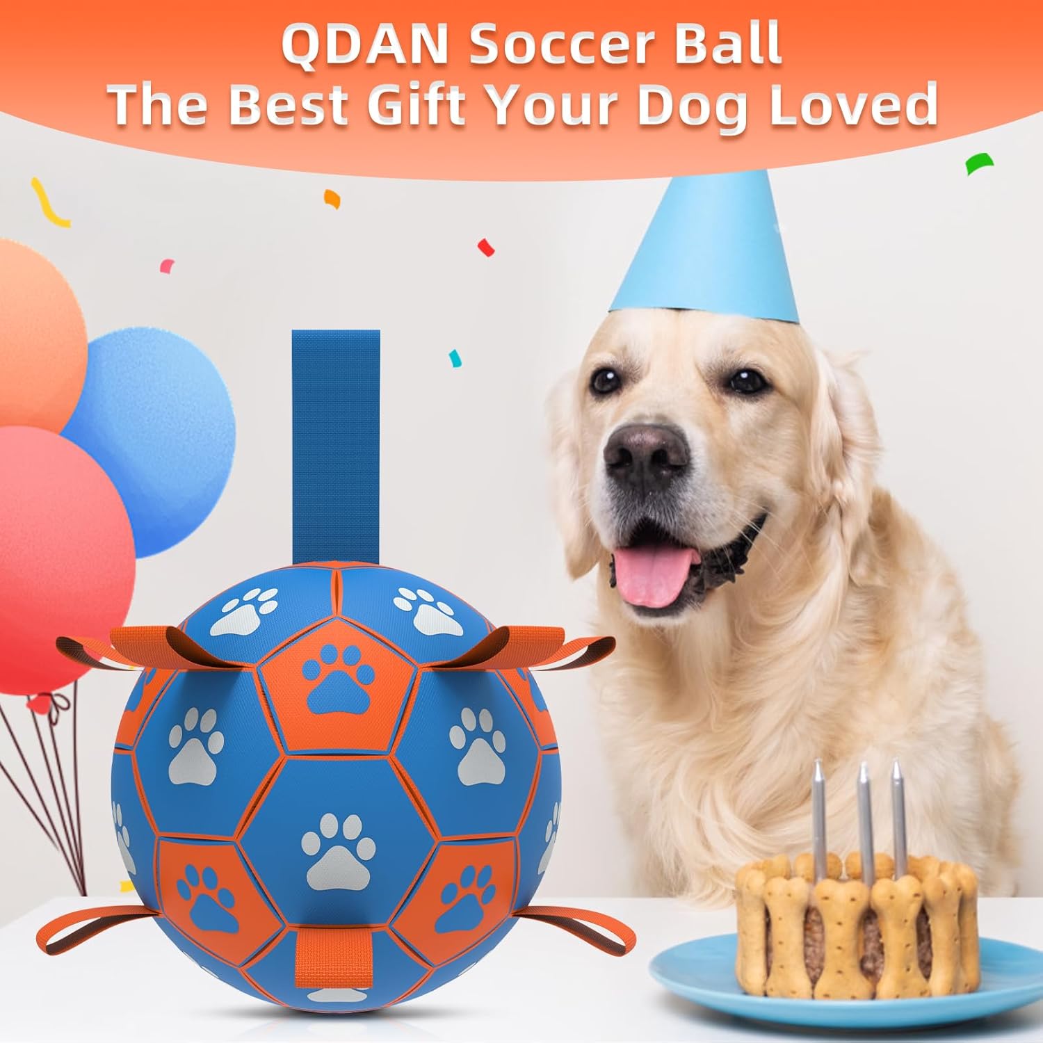 QDAN Dog Ropes Toys Soccer Ball with Straps, Puppy Birthday Gifts, Tug Toy, Durable Dog Balls for Medium & Large Dogs- Blue Orange(8 Inch)