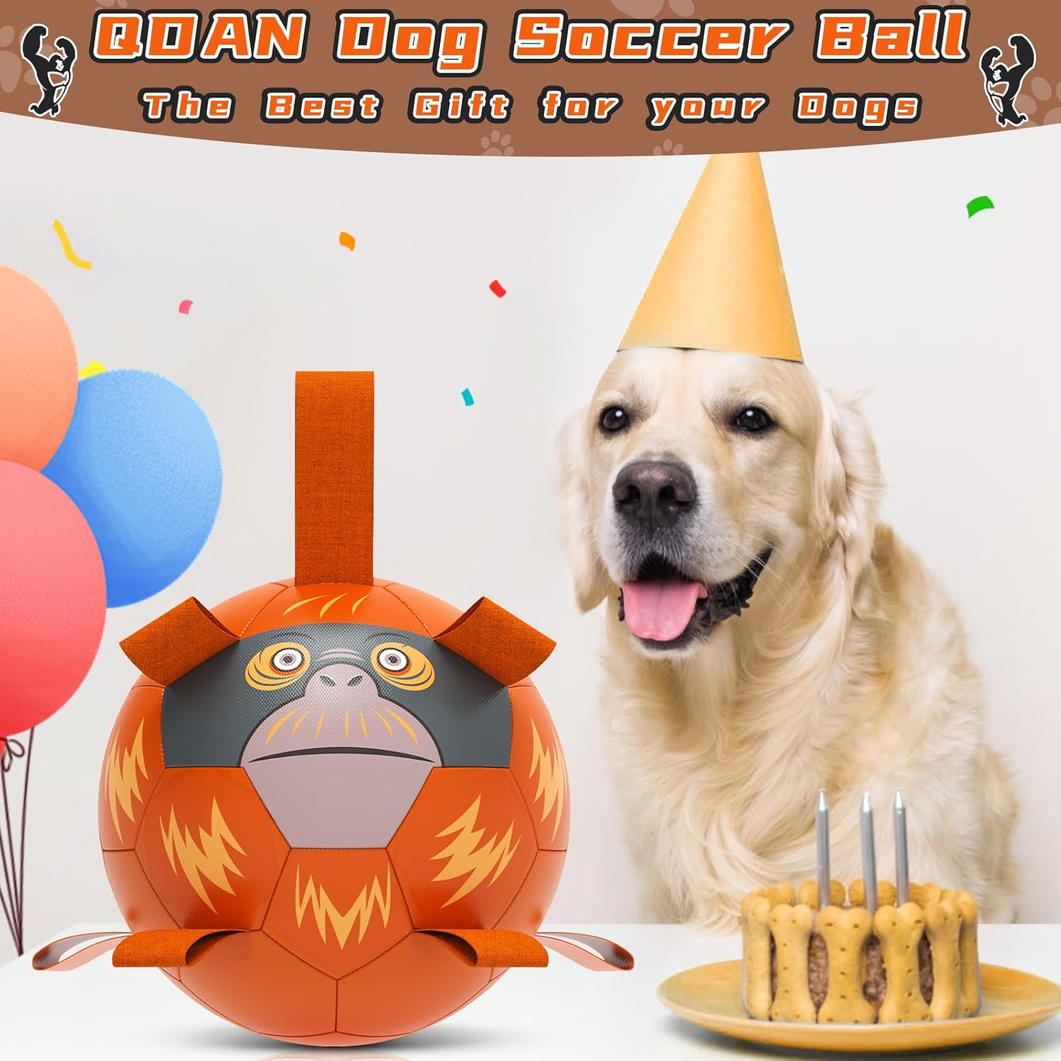 QDAN Dog Toys Soccer Ball with Straps - Durable Dog Balls for Small Medium Dogs, Beach Pool Dog Water Toy, Chimpanzees Dog Toy, Puppy Dog Birthday Gifts, Herding Balls for Dog (8 Inch), Large Size 3