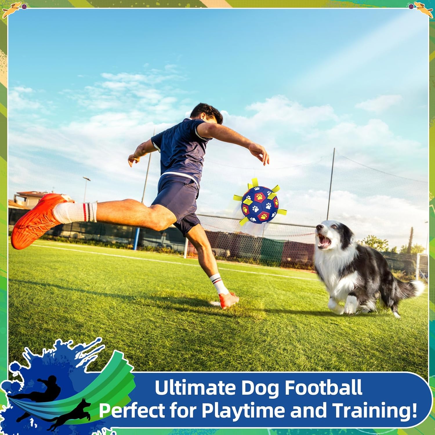 QDAN Dog Toys Soccer Ball with Straps: Durable Balls for Large Dogs, Outdoor Dog Toys, Summer Pet Water Toy, Herding Ball, Puppy Birthday Gifts, Yellow Blue (8 Inch)