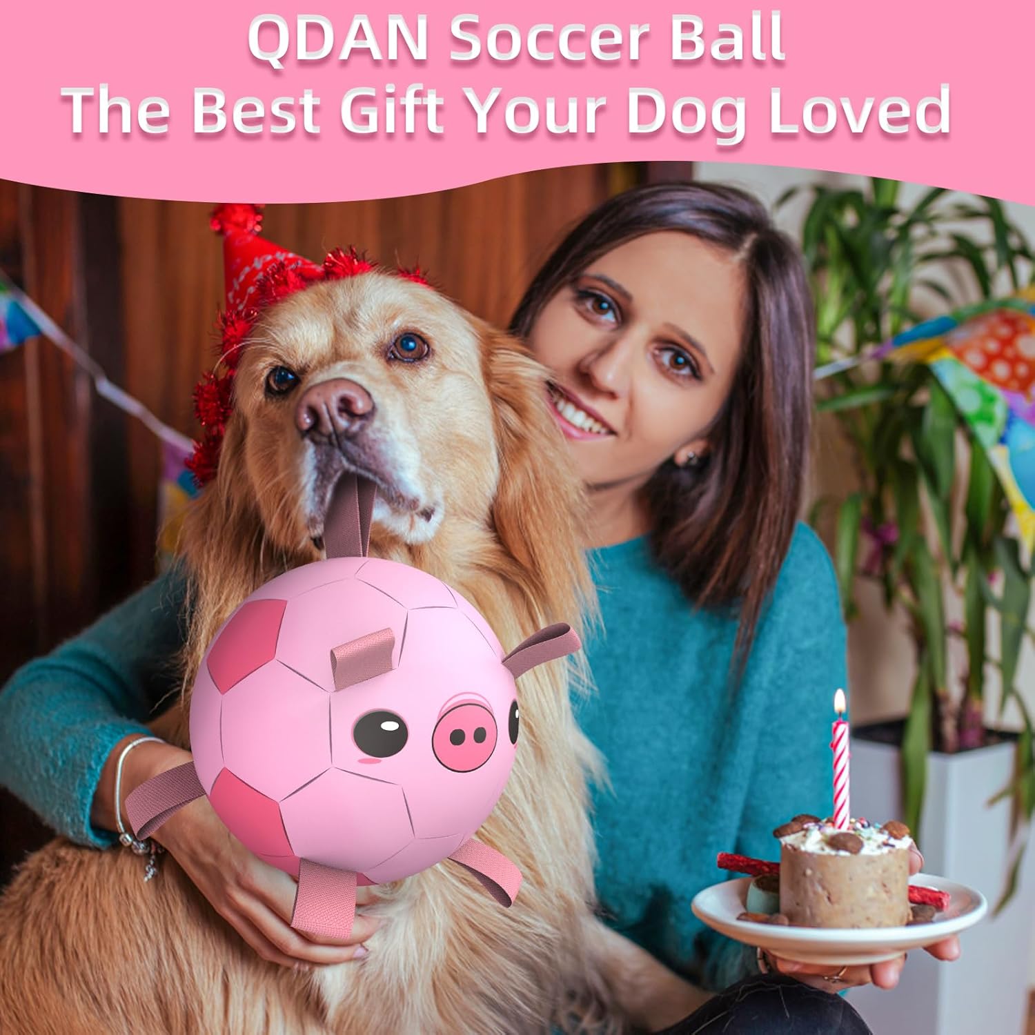 QDAN Dog Toys Soccer Ball with Straps, Interactive Dogs Toys for Tug of War, Puppy Birthday Gifts, Dogs Tug Toy, Dog Water Toy, Durable Dog Balls for Medium & Large Dog - Pink Pig（8 Inch）