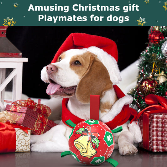 Red Green Christmas Bell Dog Soccer Ball with Straps | Large Dogs – 8 inch