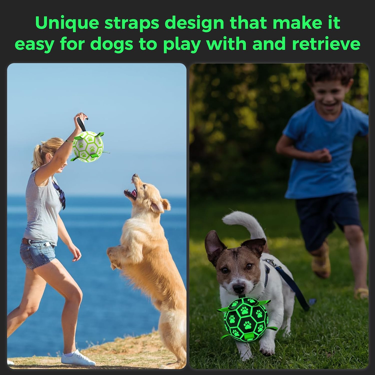 QDAN Premium Glow in The Dark Dog Toys, Dog Soccer Ball with Straps, Outdoor Herding Ball for Dogs, Pet Toys, Puppy Birthday Gifts, Light Up Dogs Balls for Medium Large (8 Inch)