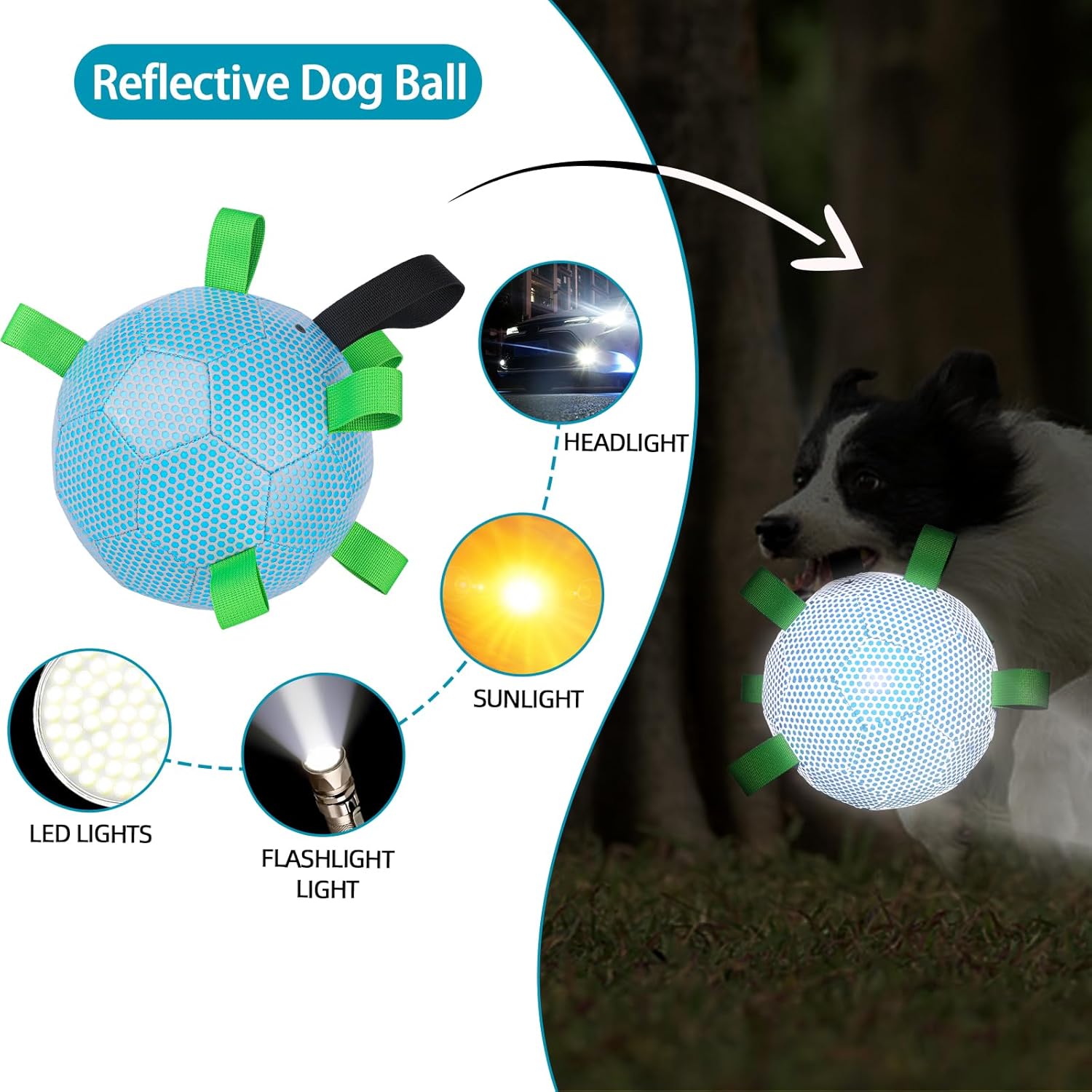 QDAN Reflective Dog Toys : Dog Soccer Ball with Straps, Night Dog Balls for Small Medium Dogs, Dogs Outdoor Toy Birthday Gifts (6 inch)