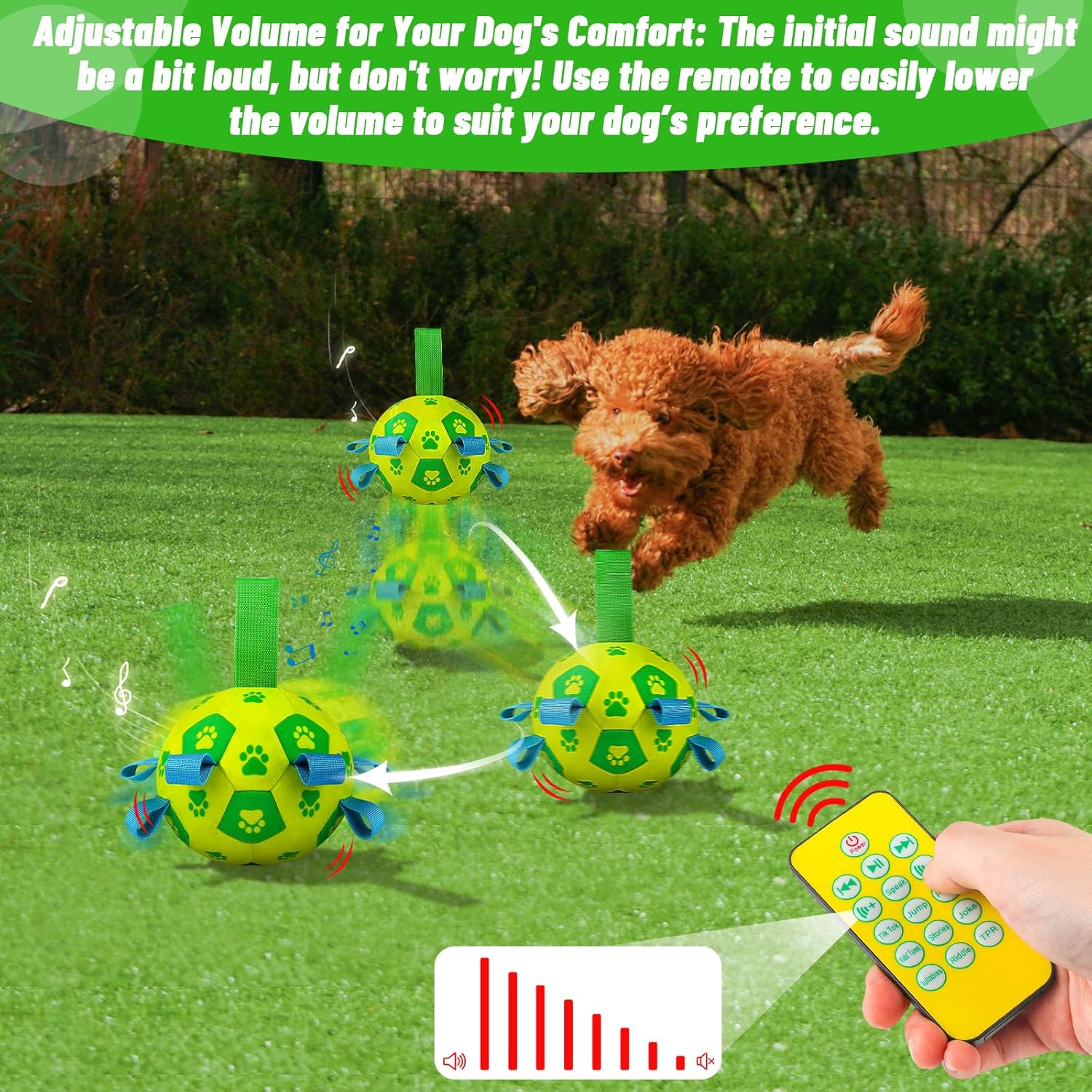 QDAN Interactive Dog Toys Soccer Ball - Bouncing Ball, Jumping Dog Balls with Recording and Music Modes, Birthday Toy, Rechargeable Moving Dog Toy to Keep Them Busy, Yellow Green