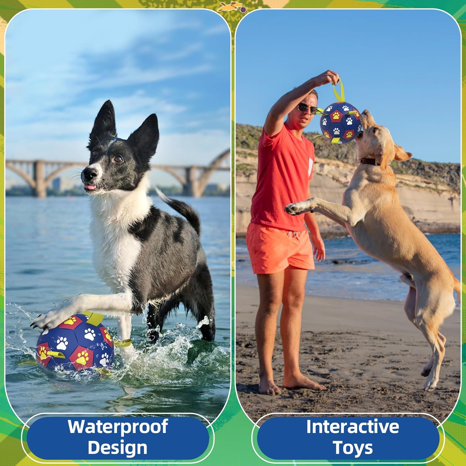 QDAN Dog Toys Soccer Ball with Straps: Durable Balls for Large Dogs, Outdoor Dog Toys, Summer Pet Water Toy, Herding Ball, Puppy Birthday Gifts, Yellow Blue (8 Inch)