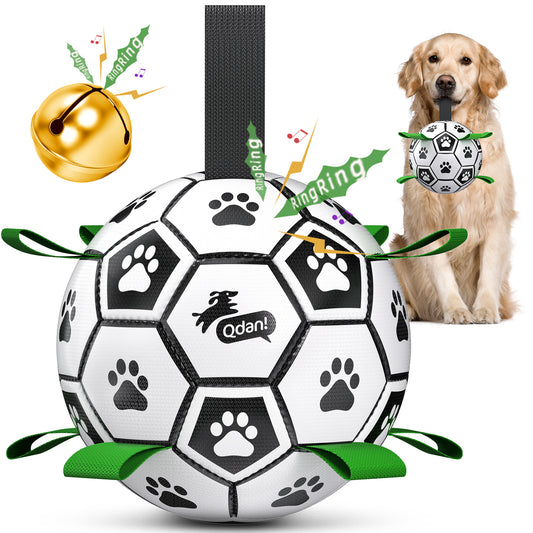 Classic Black & White Dog Soccer Ball with Bell & Ropes | Large Dogs – 8 inch