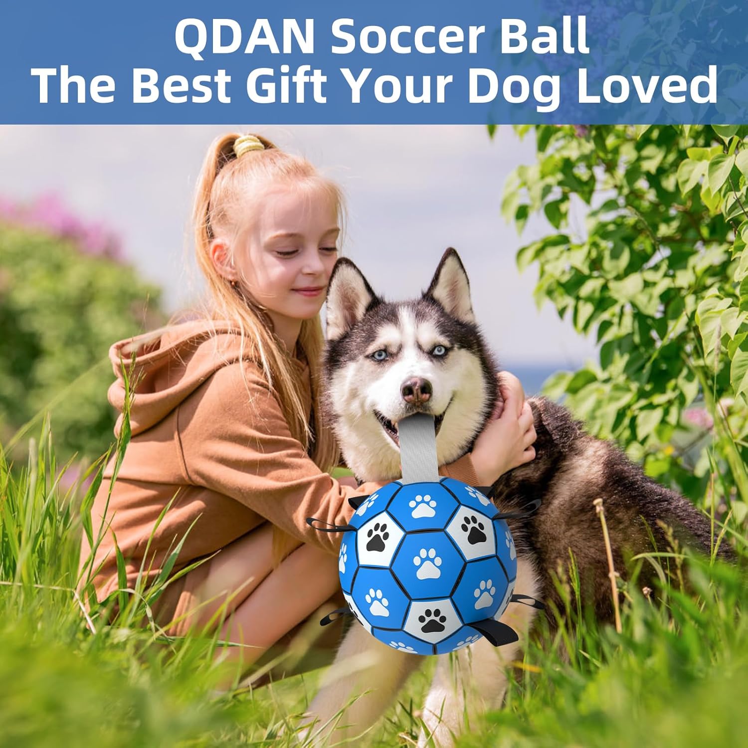 QDAN Extra Large Dog Toys Soccer Ball - Durable Dog Balls for Extra Large Dogs with Straps, Outdoor Dog Toys, Dog Water Toy, Herding Ball (9 Inch)