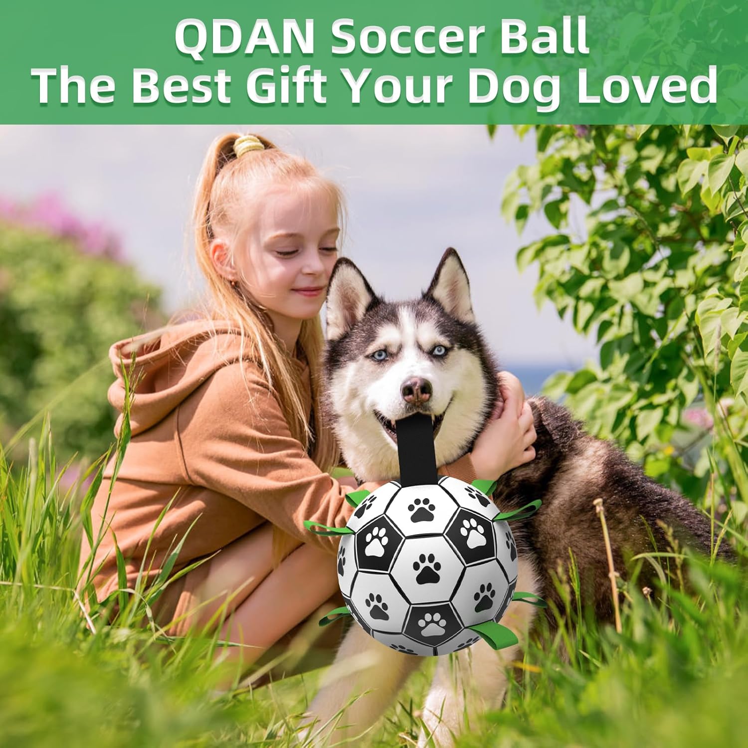 QDAN Dog Toys Extra Large Soccer Ball with Straps, Tug Toy, Water Toy, Durable Dogs Balls World Cup for Large（9 Inch）