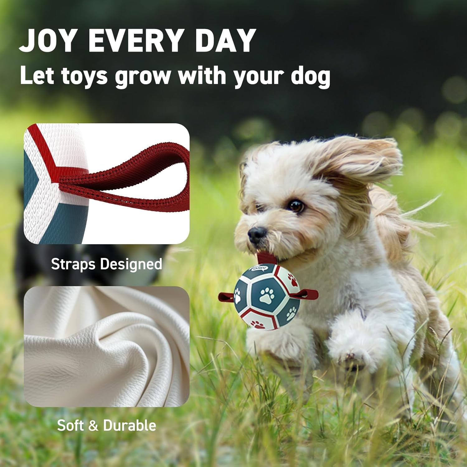 QDAN Small Dog Toys, Puppy Balls, Dog Balls with Straps for Small Breed, Soccer Ball for Dogs, Puppy Toys, Dog Birthday Gift (Blue Red, 3.5 inch)