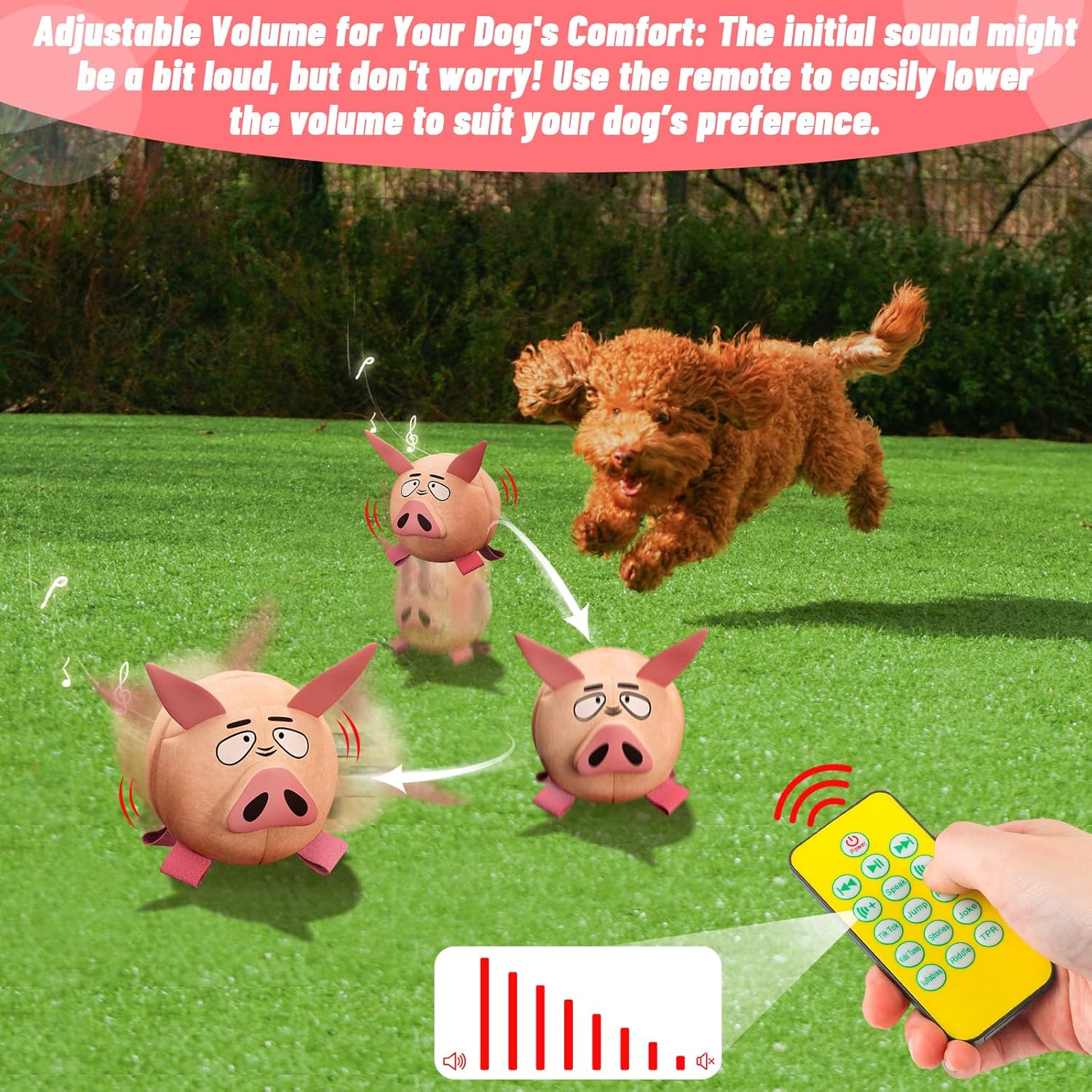 QDAN Interactive Dog Toys - Bouncing Ball for Dogs, Remote Control, Jumping Dog Balls with Recording and Music Modes, Dog Birthday Toy, Rechargeable Moving Dog Toy to Keep Them Busy, Pig