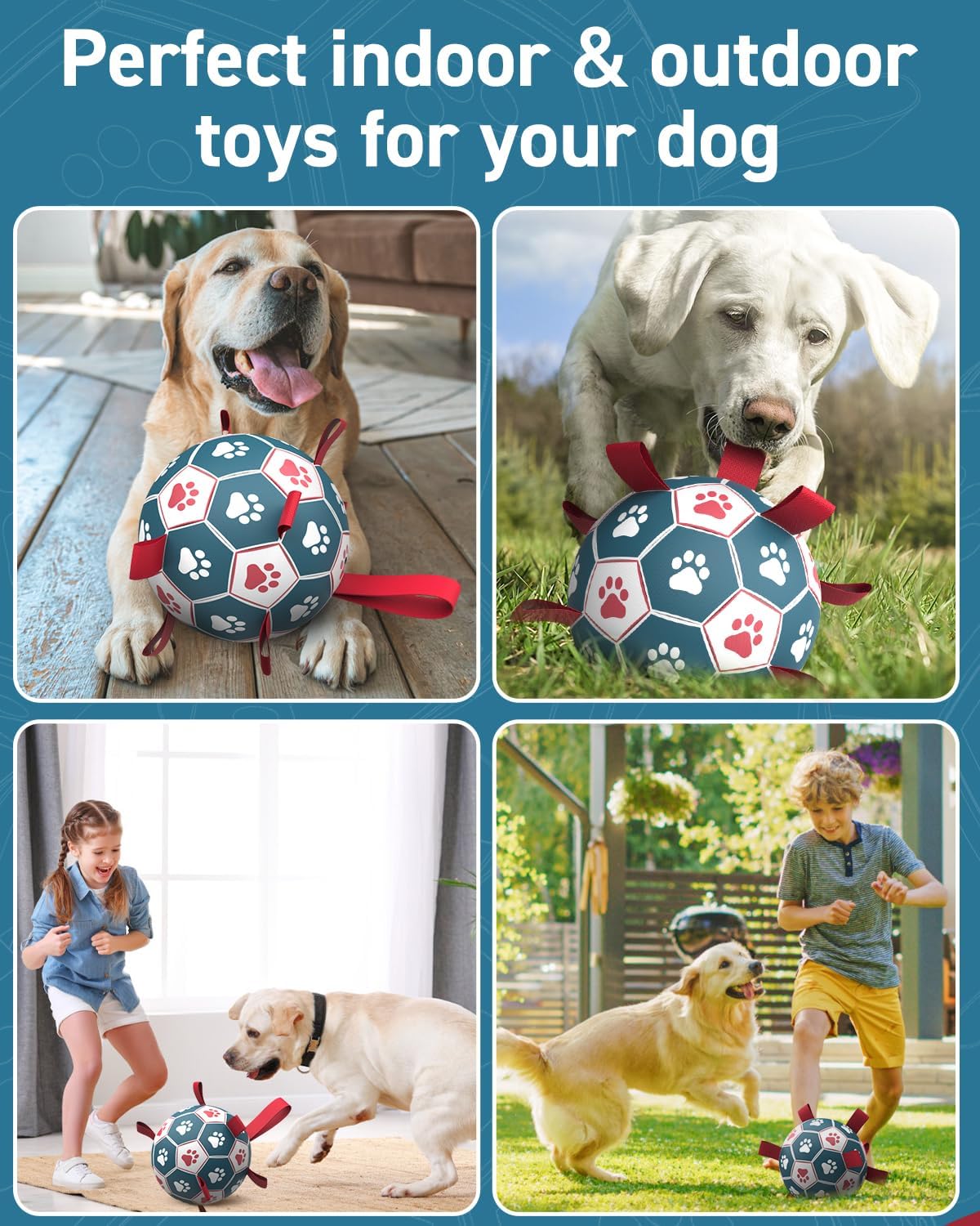 QDAN Dog Toys Soccer Ball with Straps - Durable Giant Dog Balls, Outdoor & Water Toys, Herding Ball, Birthday Gifts (10 Inch)