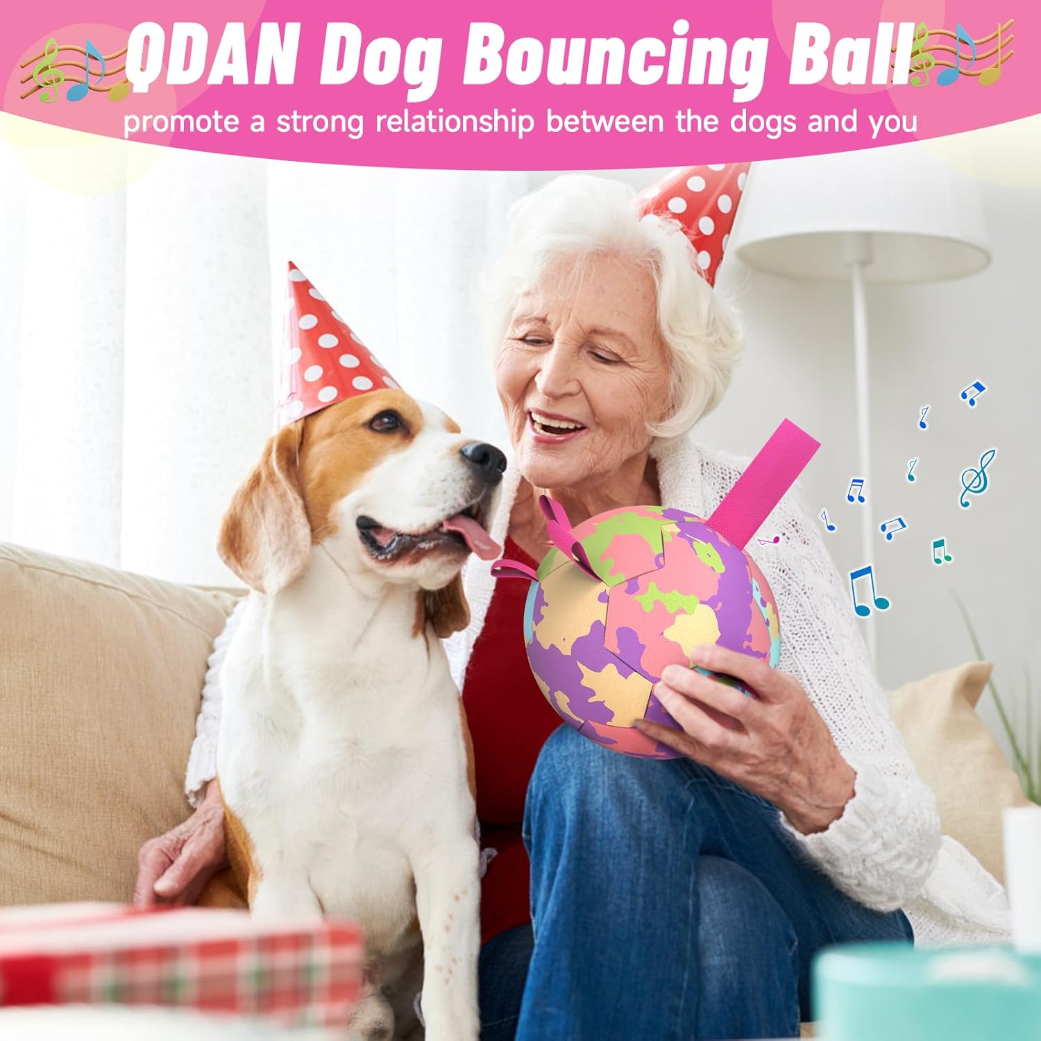 QDAN Interactive Dog Toys Soccer Ball: Bouncing Ball for Dogs, Jumping Dog Balls with Recording and Music Modes, Puppy Birthday Gifts, Rechargeable Moving Pet Toy to Keep Them Busy, Rainbow