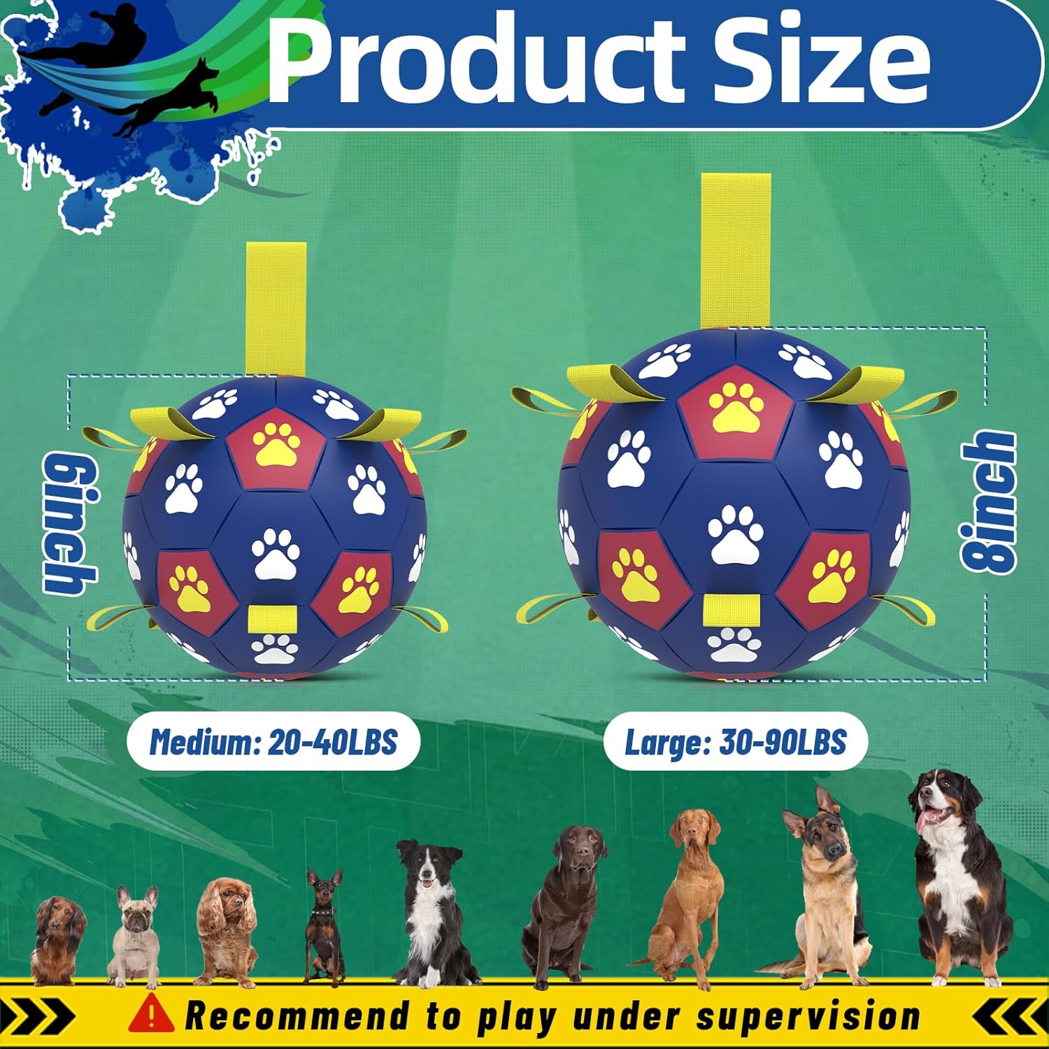 QDAN Dog Toys Soccer Ball with Straps: Durable Balls for Large Dogs, Outdoor Dog Toys, Summer Pet Water Toy, Herding Ball, Puppy Birthday Gifts, Yellow Blue (8 Inch)