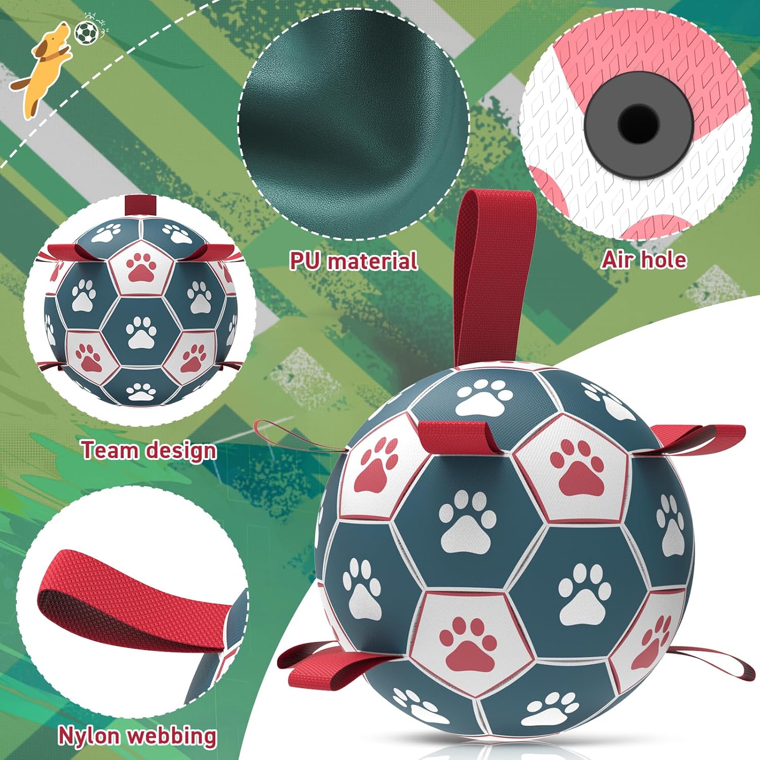 QDAN Dog Toys Soccer Ball with Straps：Durable Balls for Large Dogs, Outdoor Dog Toys, Puppy Birthday Gifts (8 Inch)