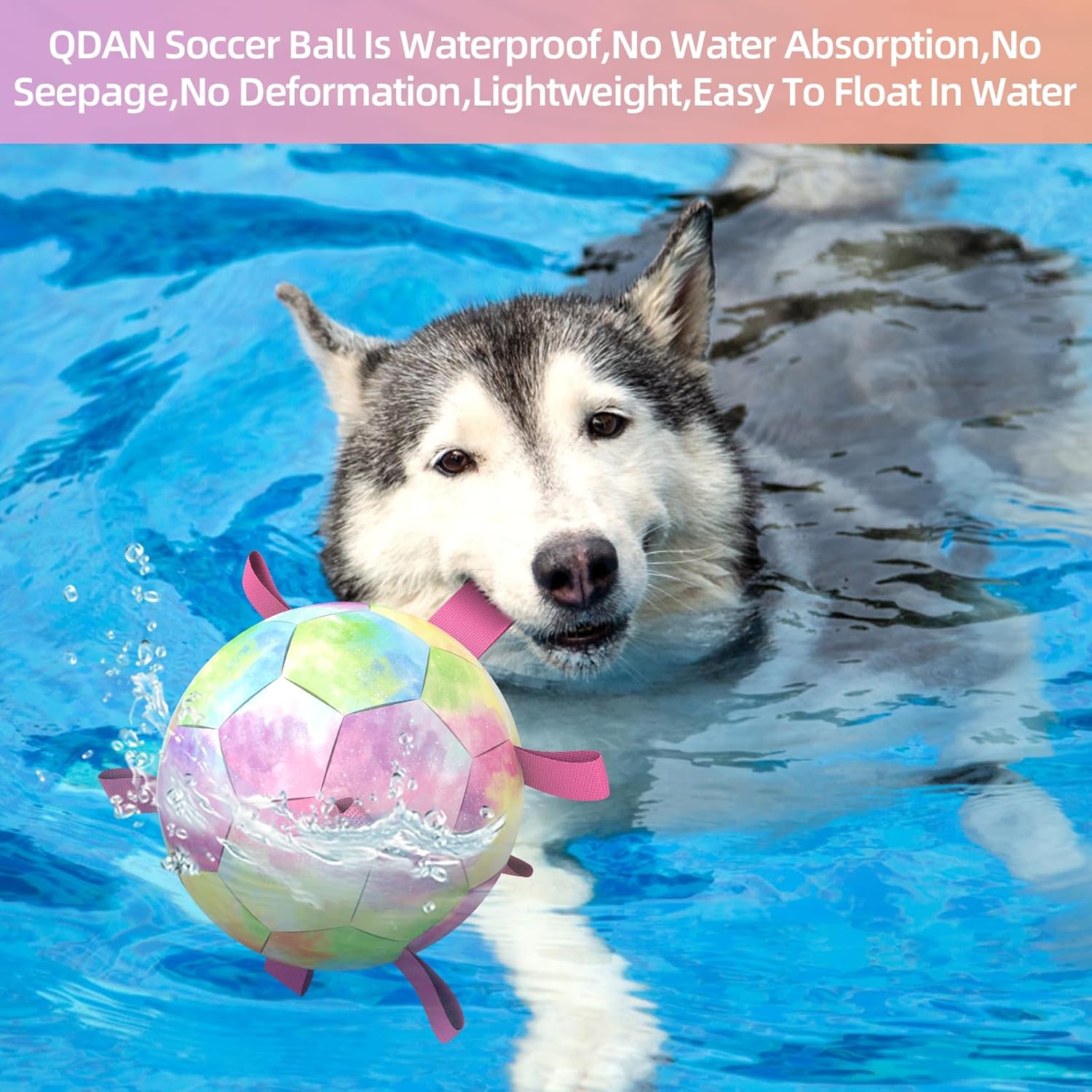 QDAN Extra Large Dog Toys Soccer Ball - Durable Dog Balls for Extra Large Dogs, Beach Pool Dog Water Toy, Interactive Dog Toys for Tug of War, Puppy Birthday Gifts, Rainbow (9 Inch)