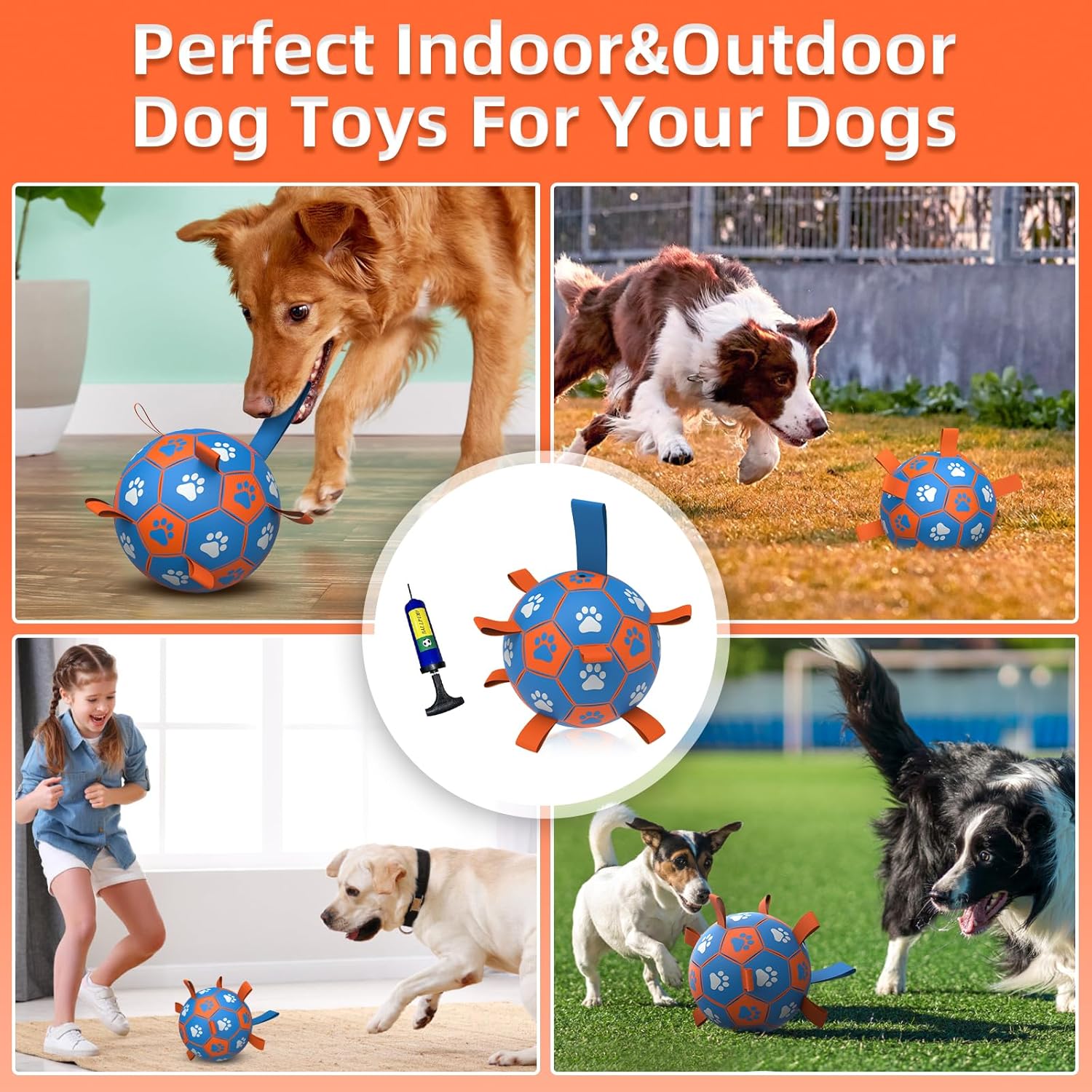 QDAN Dog Ropes Toys Soccer Ball with Straps, Puppy Birthday Gifts, Tug Toy, Durable Dog Balls for Medium & Large Dogs- Blue Orange(8 Inch)