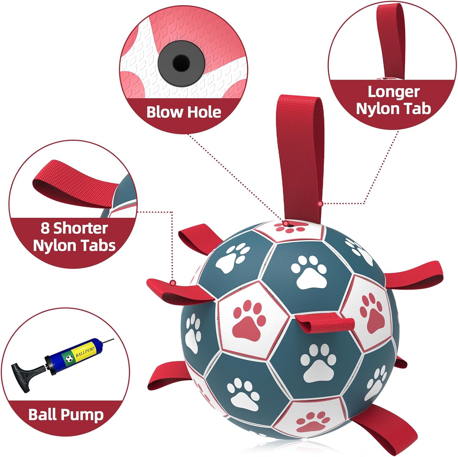 QDAN Extra Large Soccer Ball with Straps, Interactive Dog Toys for Tug of War, Puppy Birthday & Water Toy, Large Dog Balls - Blue & Red (9 Inch)