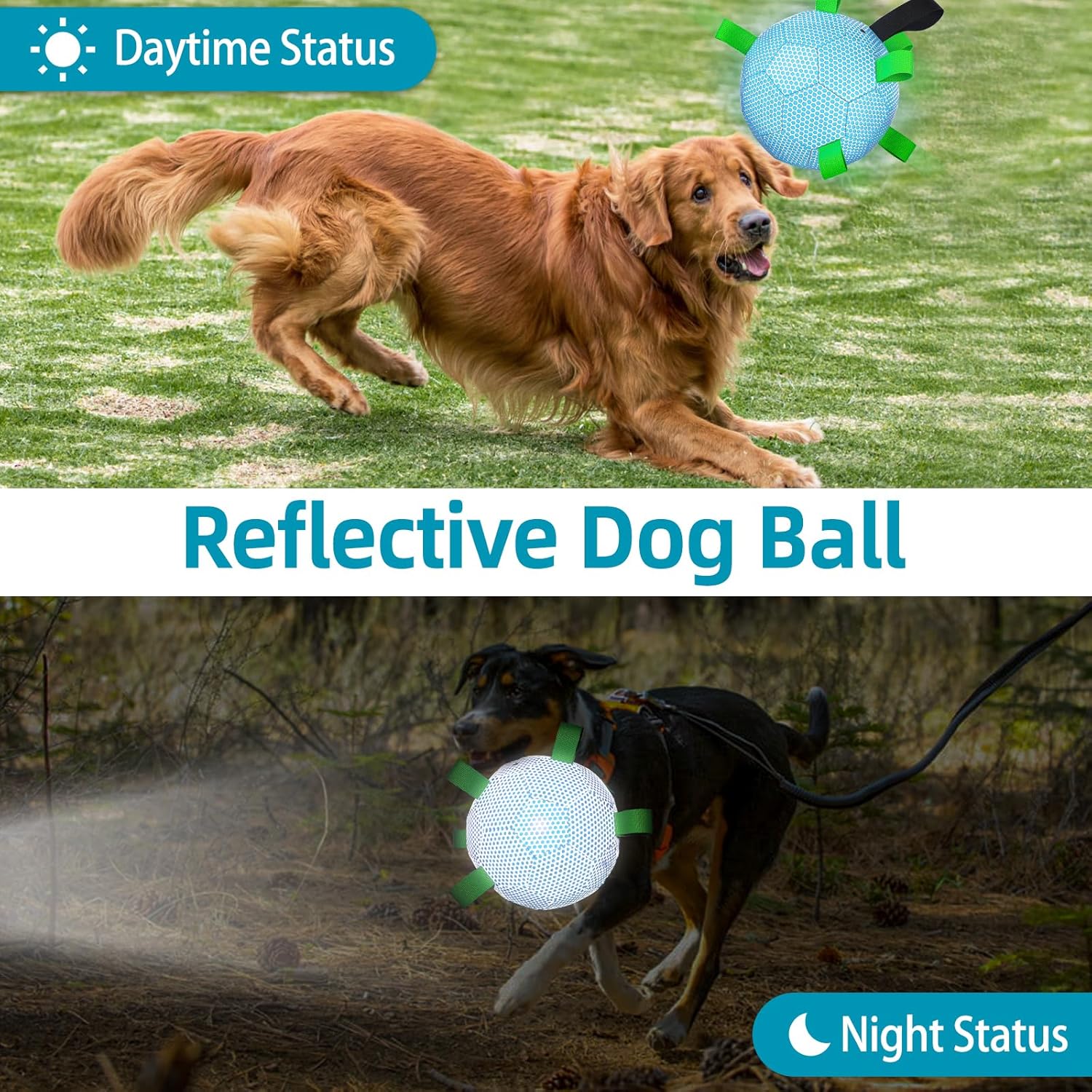 QDAN Reflective Soccer Ball with Straps: Interactive Tug of War Toys for Large Dogs, Night Dog Balls, Water Toy, Puppy Birthday Gifts (8 Inch)