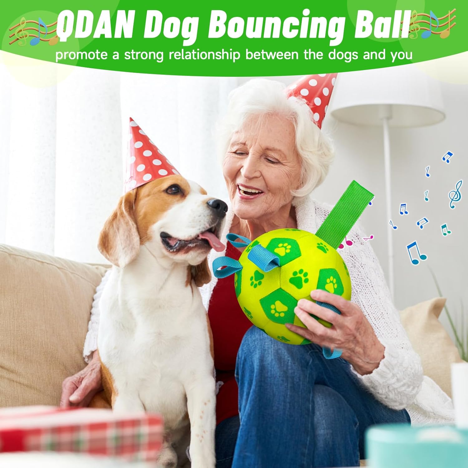 QDAN Interactive Dog Toys Soccer Ball - Bouncing Ball, Jumping Dog Balls with Recording and Music Modes, Birthday Toy, Rechargeable Moving Dog Toy to Keep Them Busy, Yellow Green