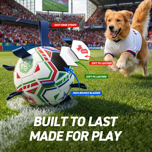White World Cup Lines Dog Soccer Ball with Straps | Large Dogs – 8 inch