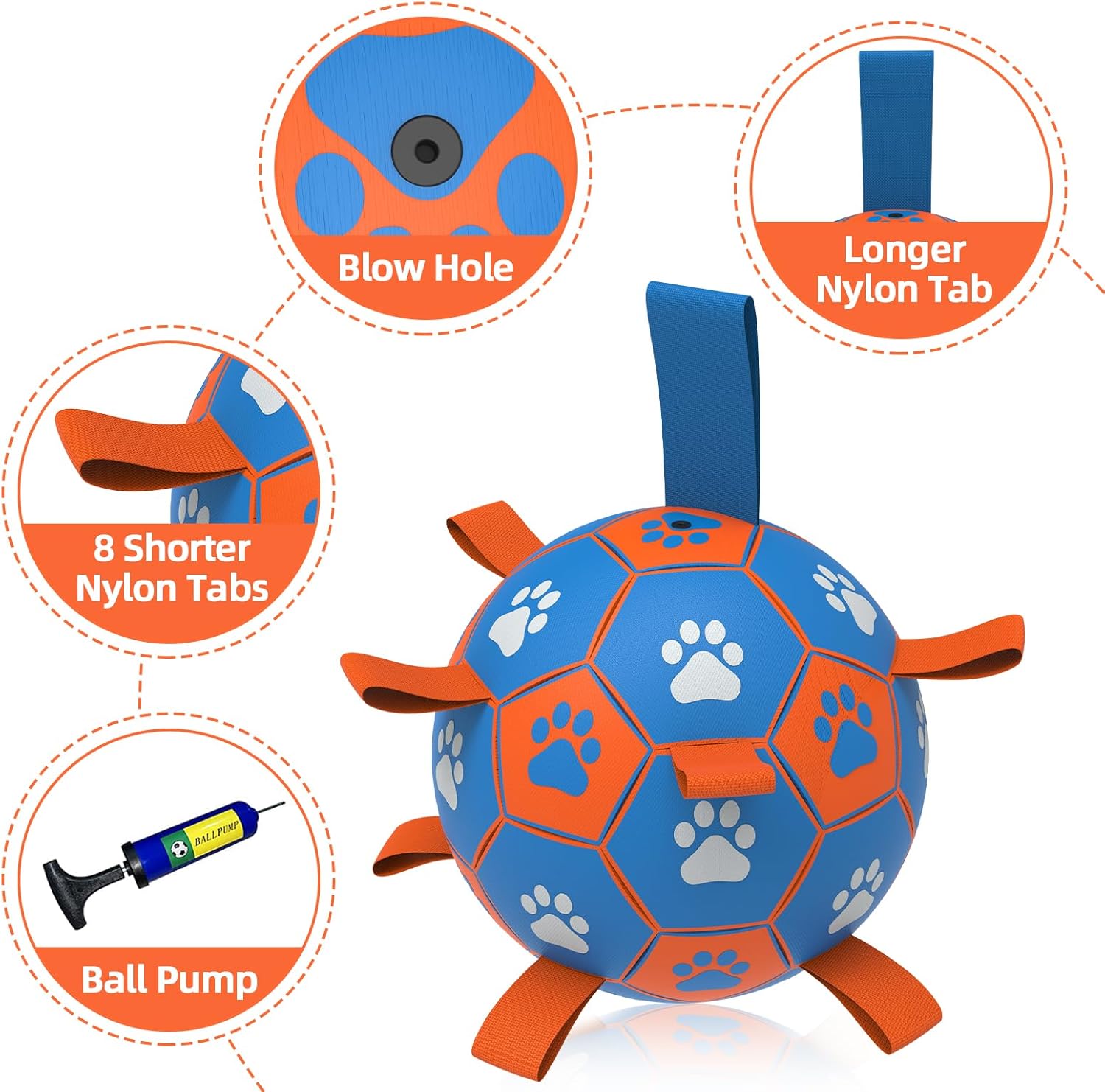 QDAN Dog Ropes Toys Soccer Ball with Straps, Puppy Birthday Gifts, Tug Toy, Durable Dog Balls for Medium & Large Dogs- Blue Orange(8 Inch)
