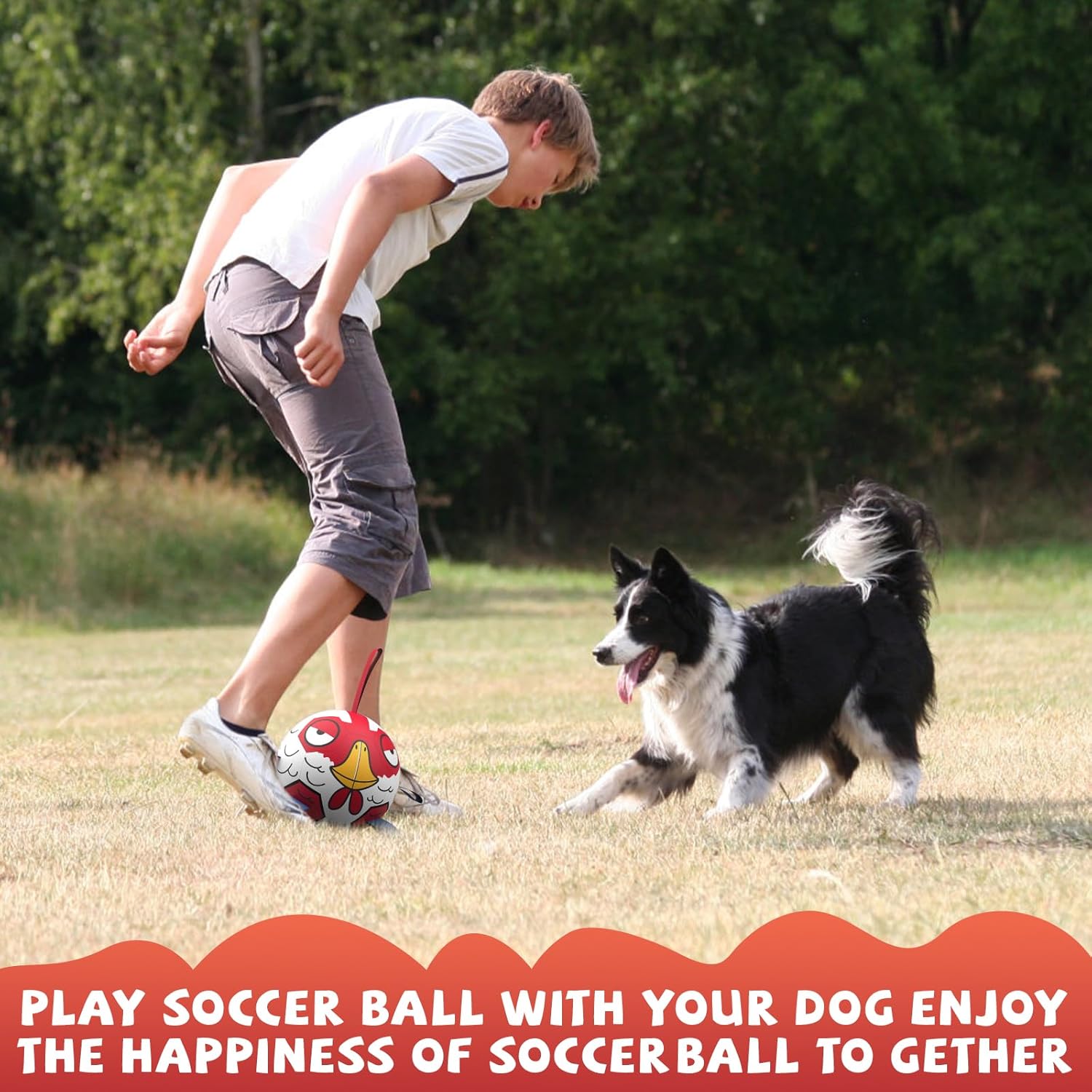 Qdan Chicken Dog Soccer Balls with Straps, Durable Dog Toys for Tug of War, Birthday Gift, Water Toy (8 Inch)