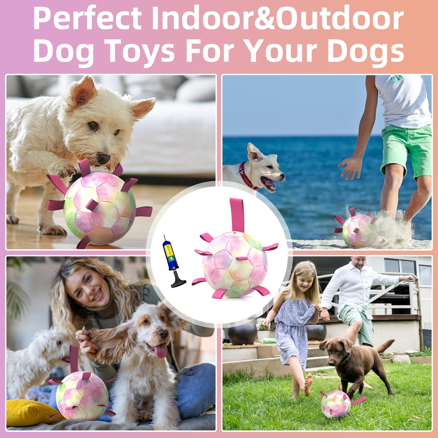 QDAN Dog Toys Soccer Ball with Straps,Gradient Interactive Dogs Toys for Tug of War, Puppy Birthday Gifts,Water Toy Durable Dog Balls World Cup for Small & Medium Dogs-Rainbow（8 Inch）